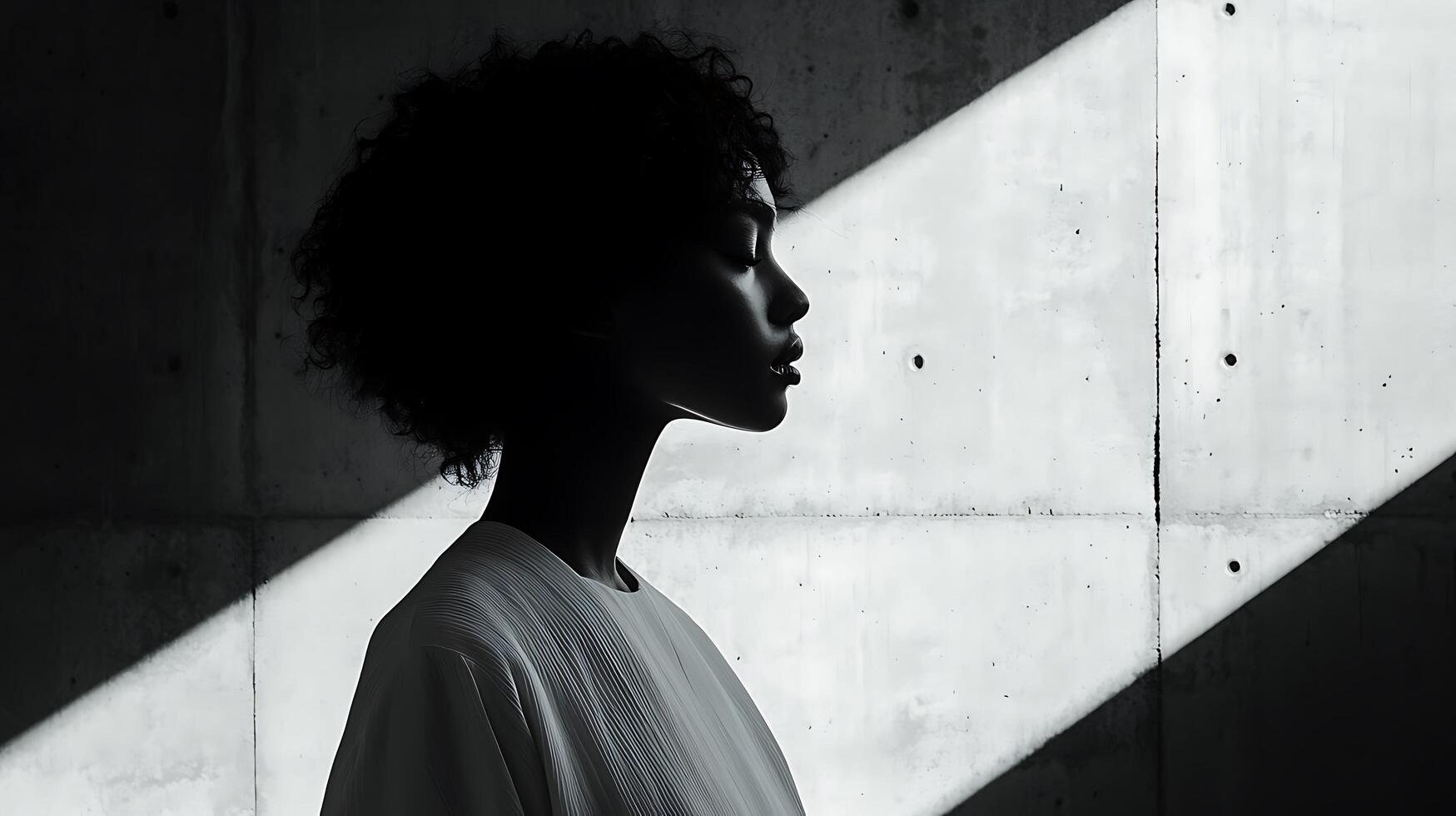 Silhouette of a Woman in Profile Against a Concrete Wall. A striking black and white image showcasing light and shadow. photo