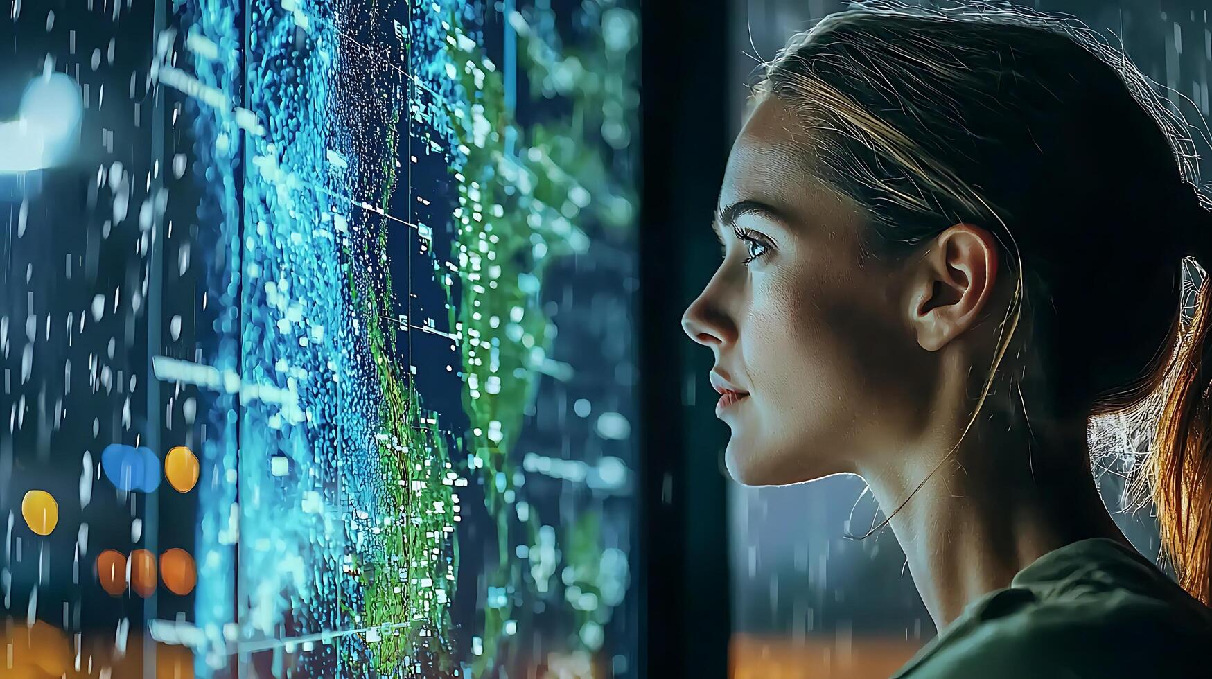 Woman Contemplating Futuristic Data Display in Rain. A close up profile view of a woman's pensive expression as she studies a complex digital interface. photo