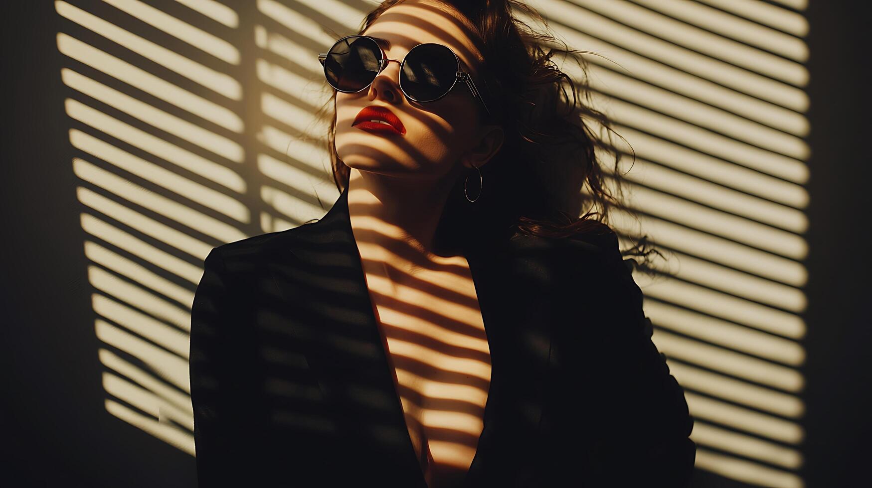 Stylish Woman in Sunglasses Bathed in Sunlight Through Venetian Blinds. photo