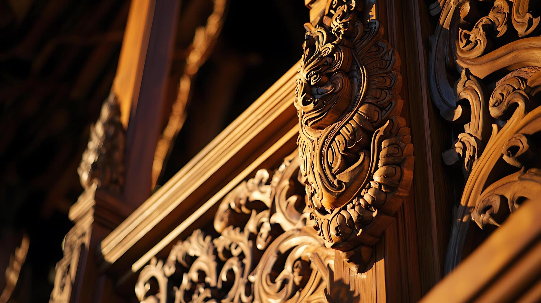 Intricate Wooden Carving Detail Close up of Ornate Architectural Element. photo