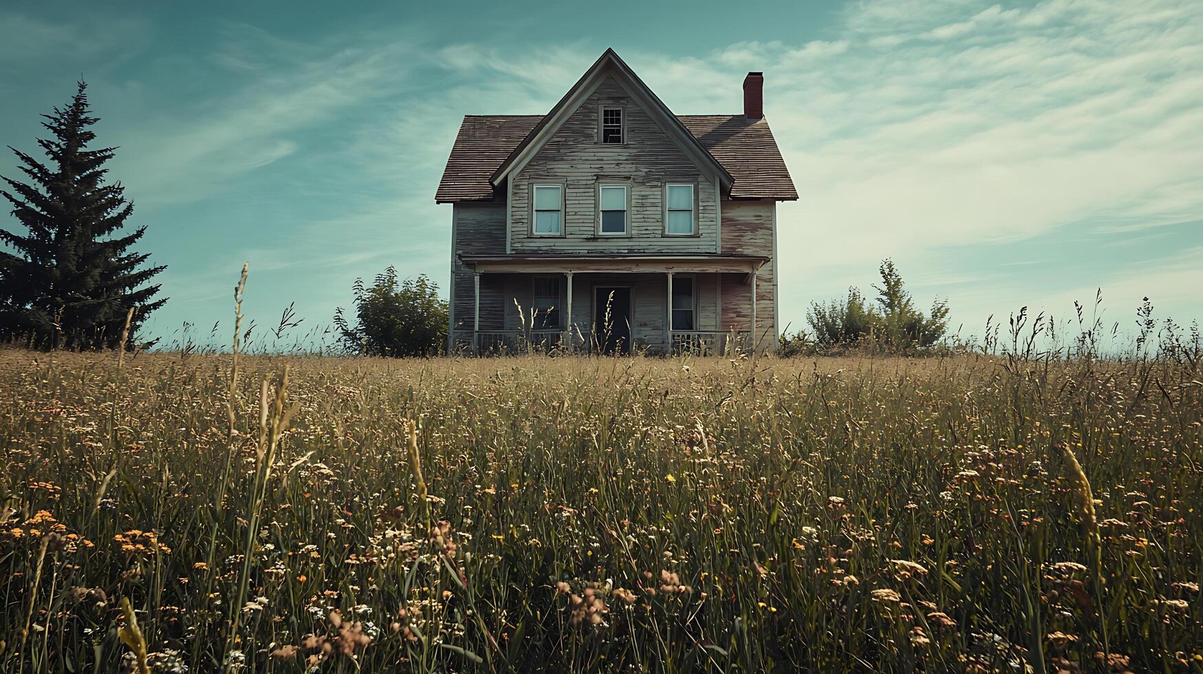 Abandoned Farmhouse in a Wildflower Meadow A Rustic and Atmospheric Image. photo