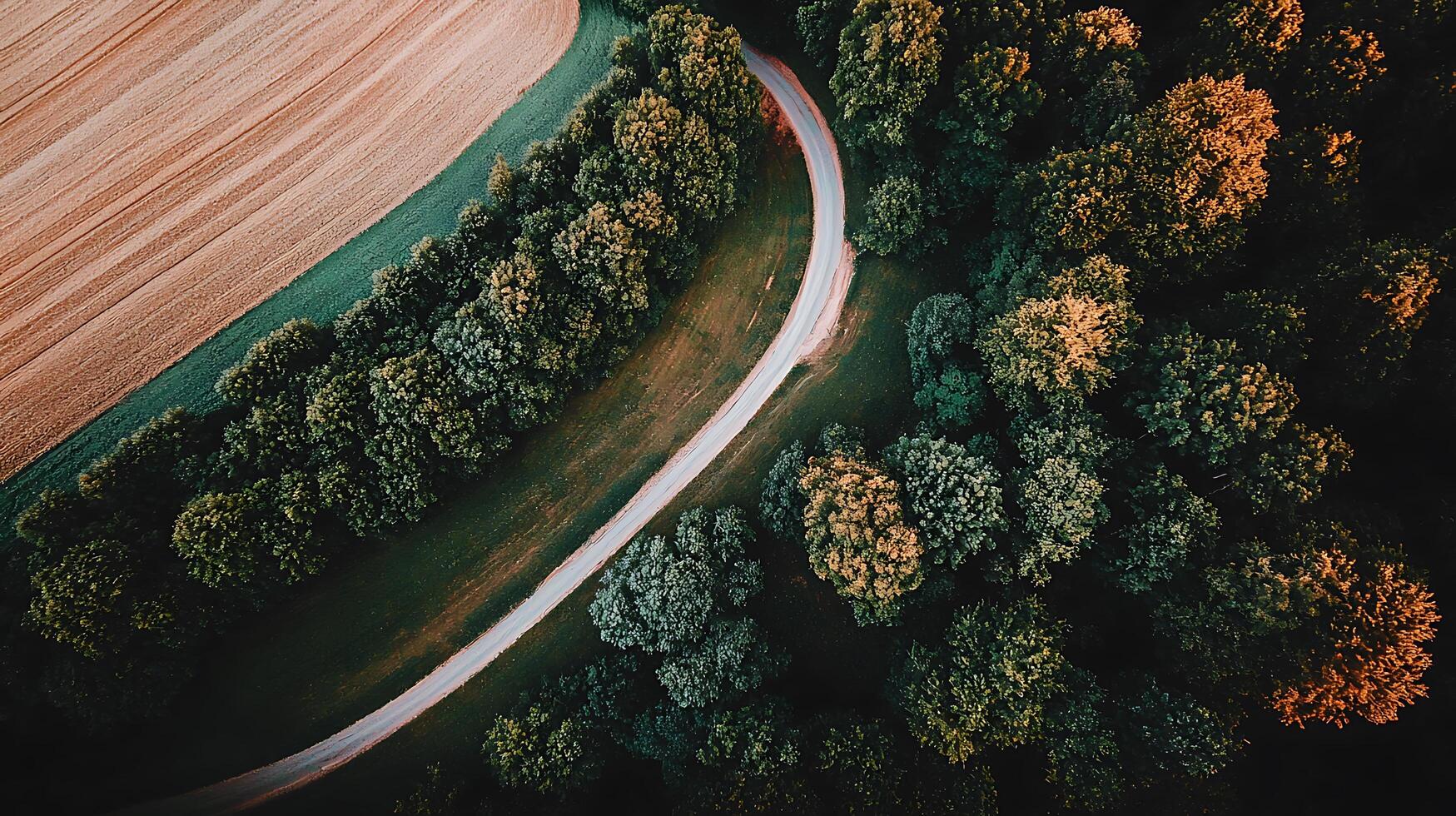 Aerial View of a Winding Road Through Lush Green Forest and Golden Fields. photo