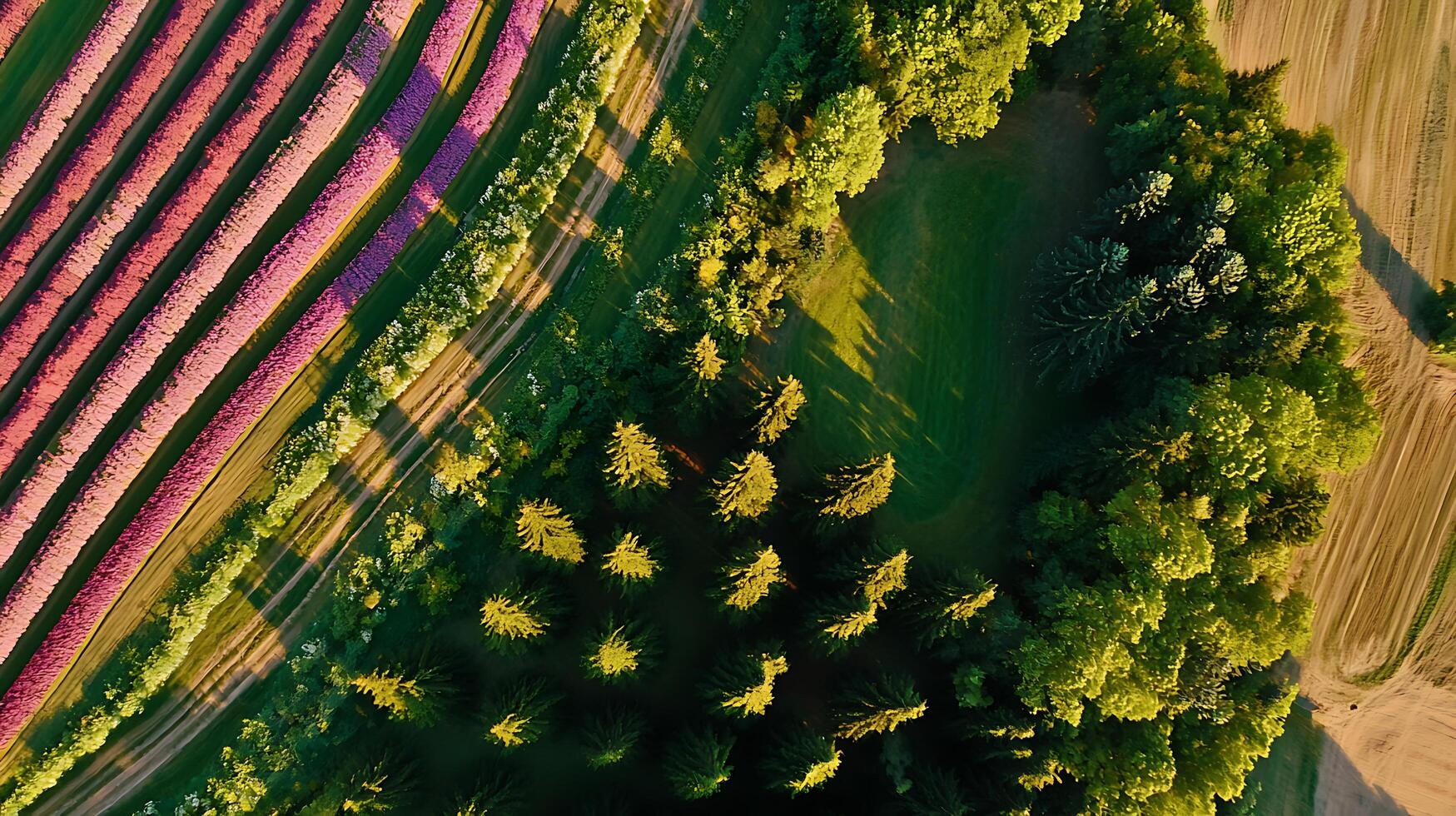 Aerial View of Lavender Fields and Forest, Stunning Nature Landscape. photo