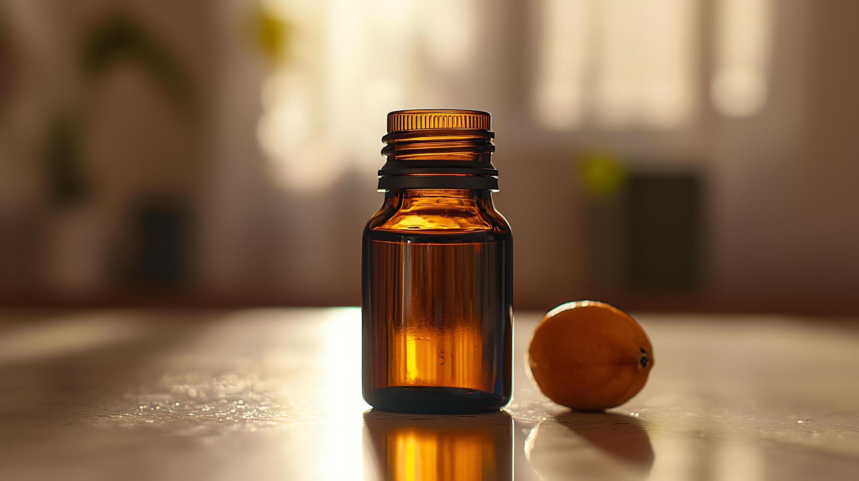 Amber Bottle of Essential Oil with a Lemon on a Table. A close up image of a dark amber glass bottle with essential oil, next to a small lemon, on a reflective surface. photo