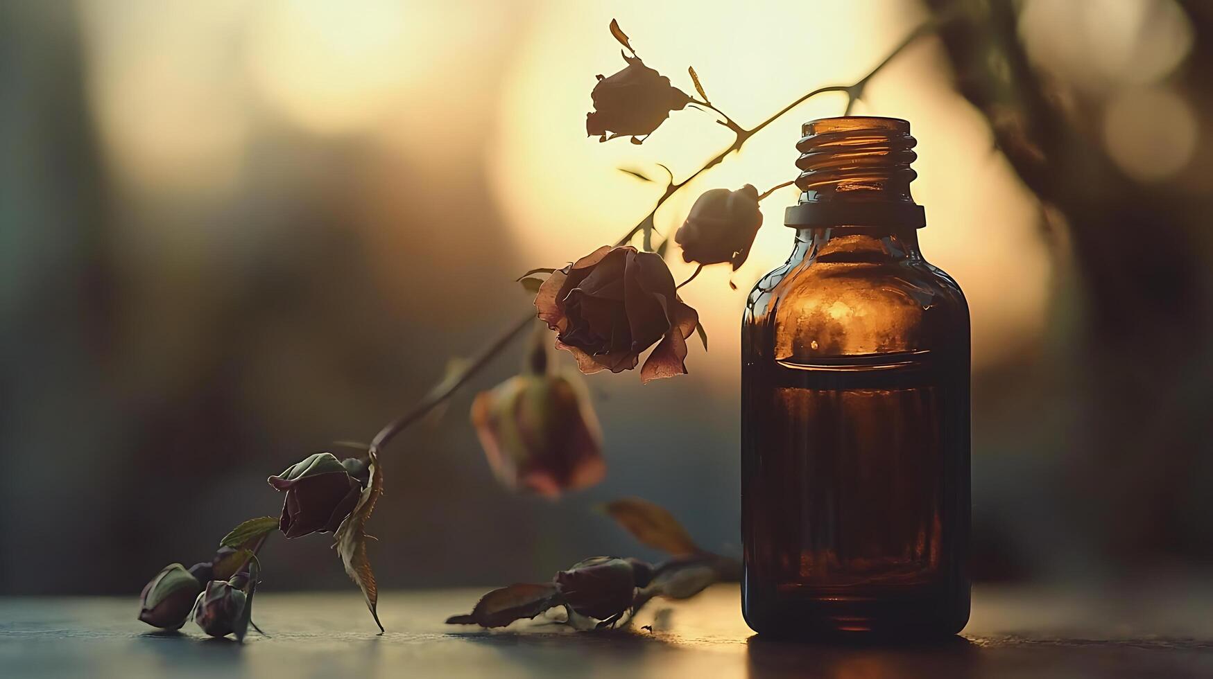 Amber Bottle of Essential Oil with Dried Roses at Sunset. A captivating image depicting a dark amber bottle of essential oil beside a branch of dried roses, bathed in the warm glow of the setting sun. photo