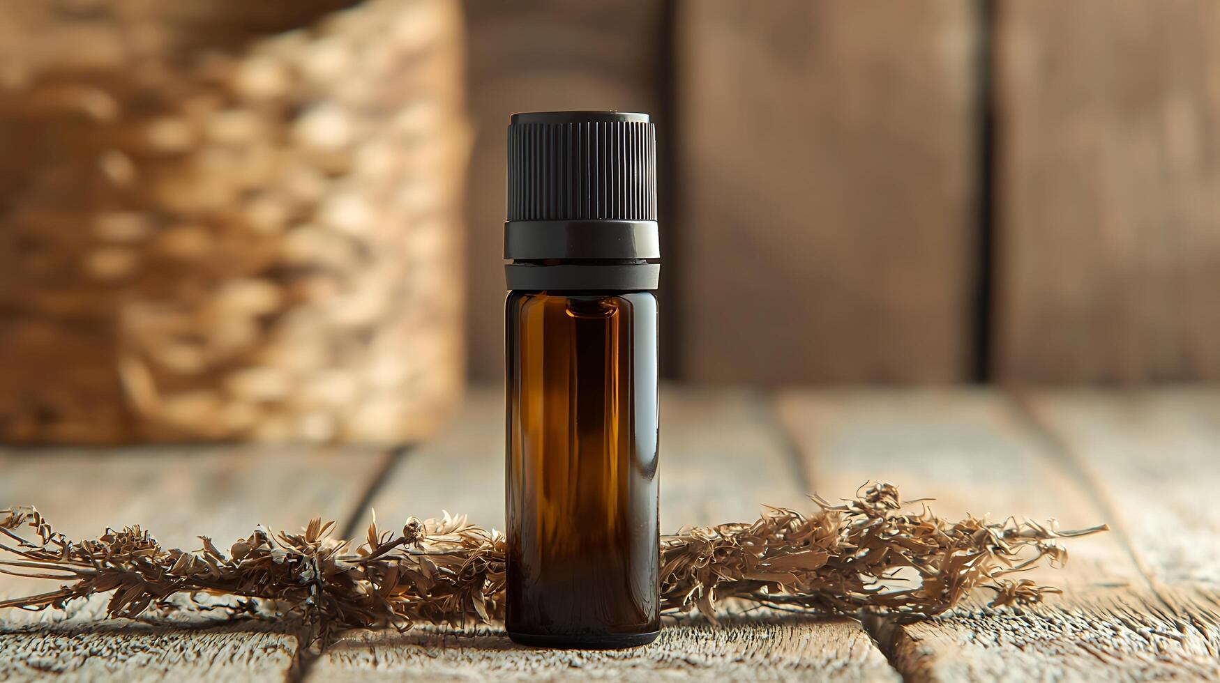 Amber Glass Bottle with Dried Flowers on Rustic Wooden Surface. A close up product shot ideal for essential oils, perfumes, or natural beauty products. photo