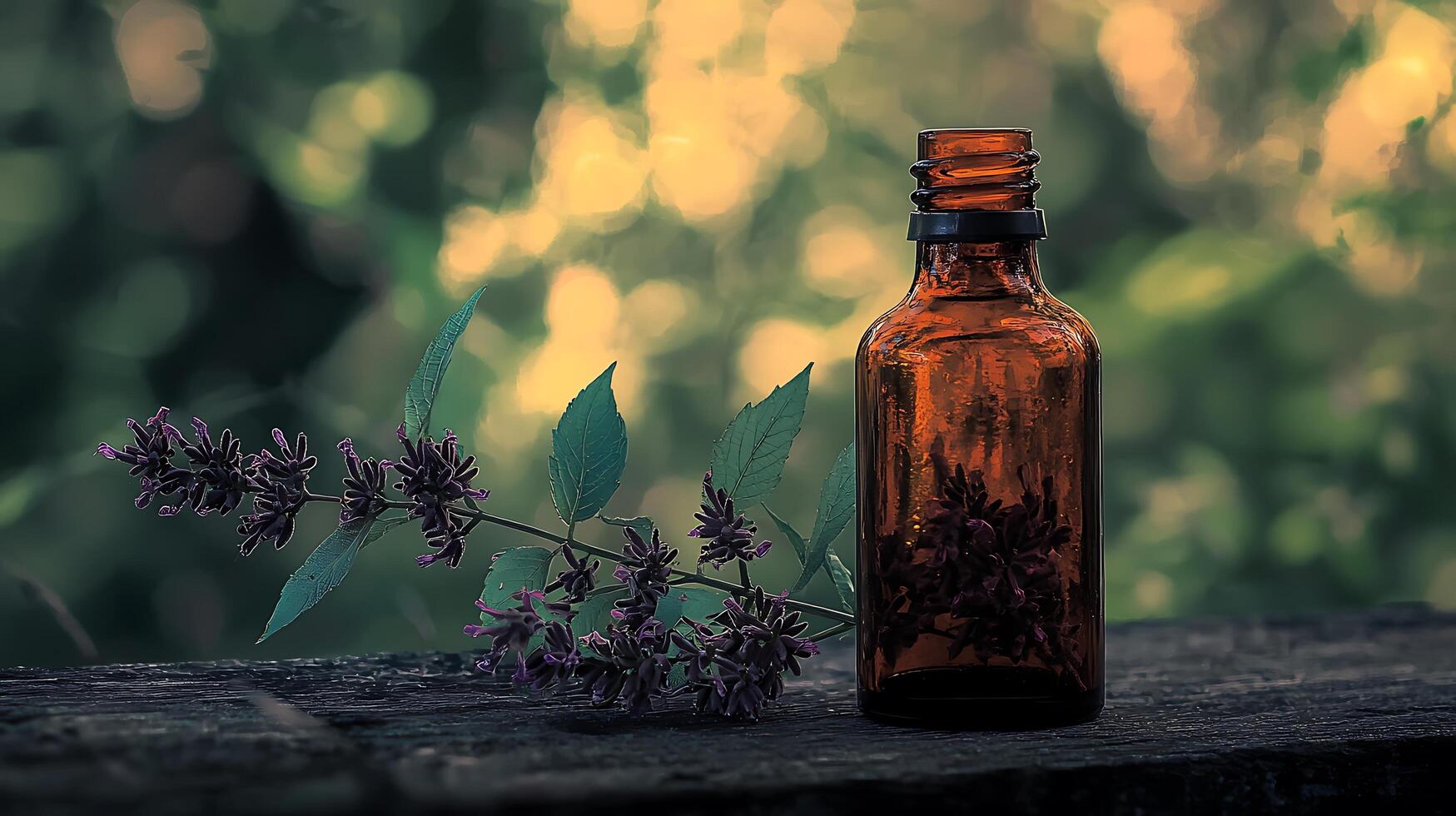 Amber Bottle of Herbal Remedy with Purple Flowers on Rustic Wood. photo