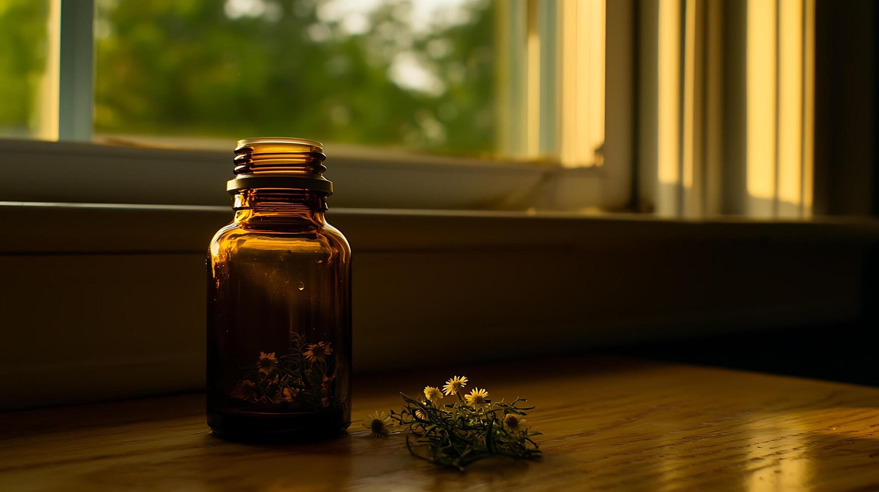 Amber Bottle with Wildflowers in Warm Sunlight by Window. A still life image perfect for aromatherapy, herbal remedies, or natural product branding. photo