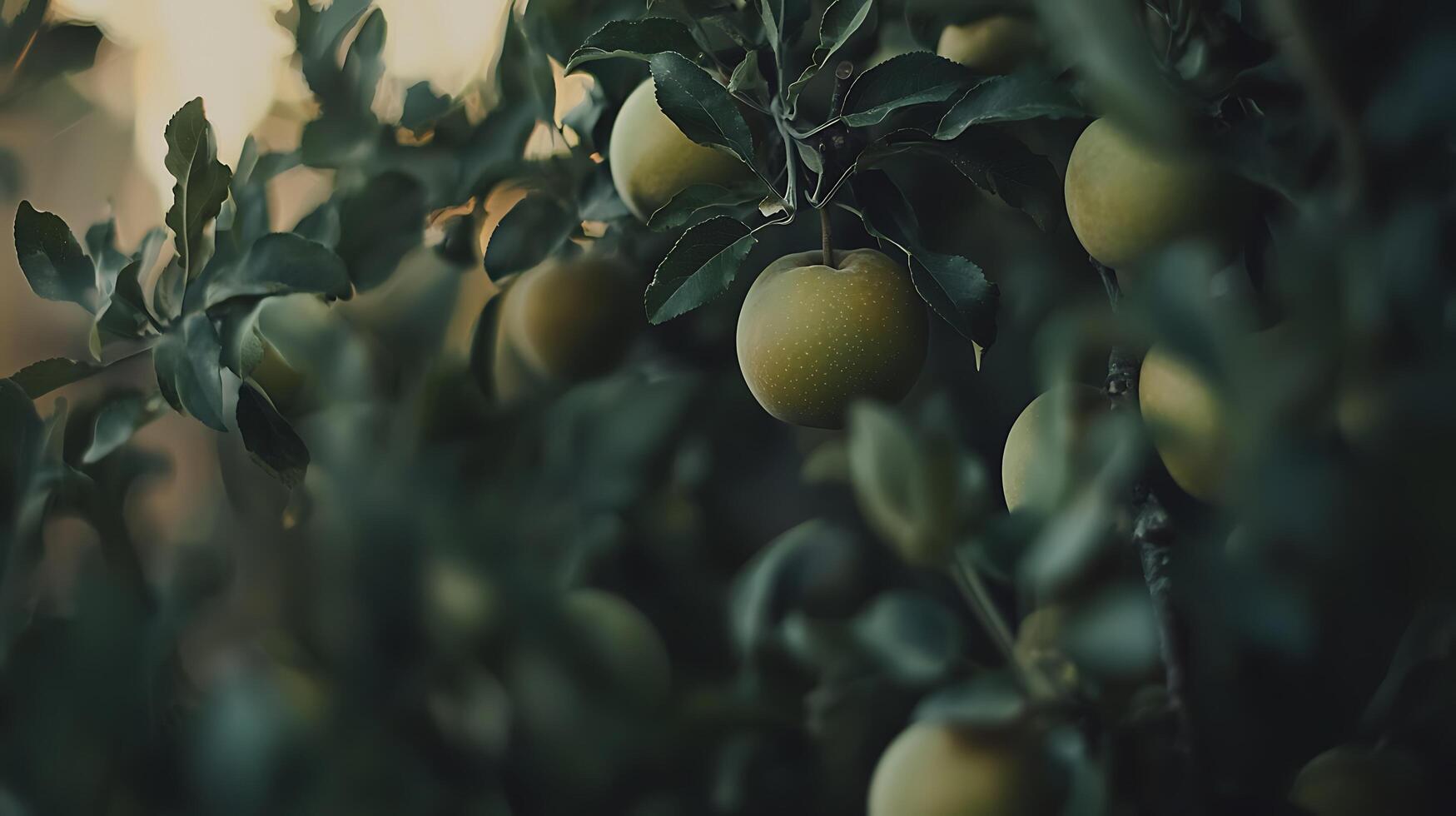 Close up of Green Apples on a Branch, Autumn Orchard. photo