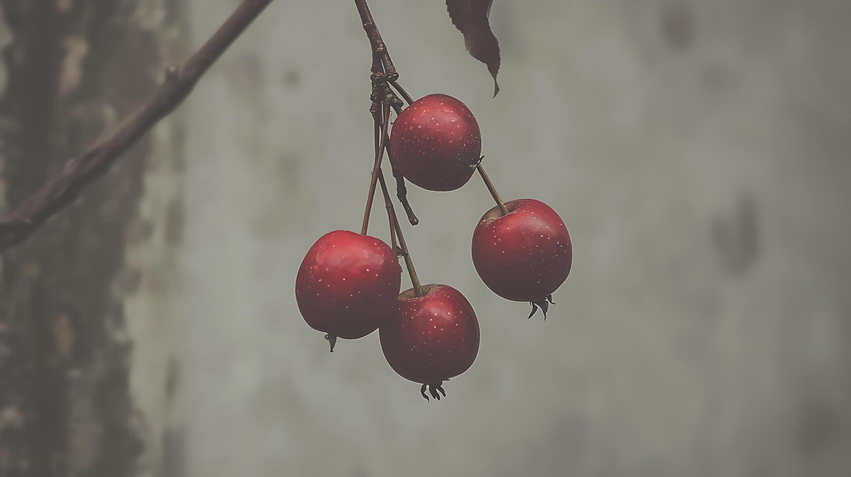 Close Up of Four Red Apples Hanging on a Branch. photo