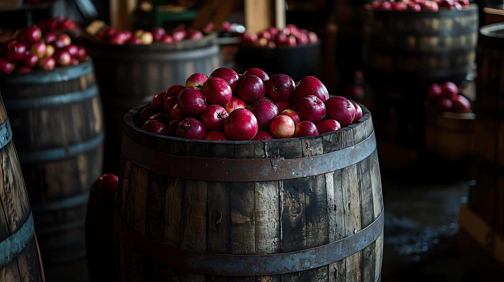 Wooden Barrel Filled with Red Apples, Rustic Autumn Harvest Scene. photo