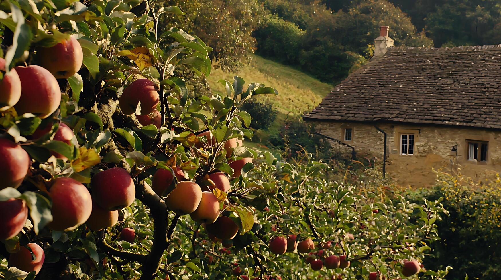 Ripe Red Apples on a Tree Branch in Front of a Stone Cottage. A picturesque autumn scene. photo