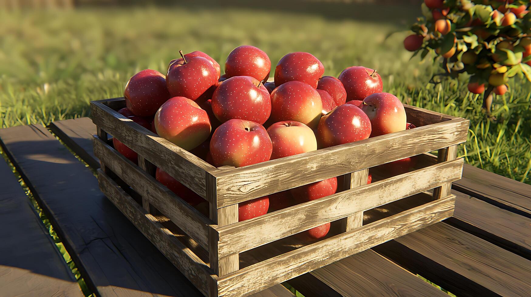 A Wooden Crate Full of Ripe Red Apples on a Rustic Table. photo