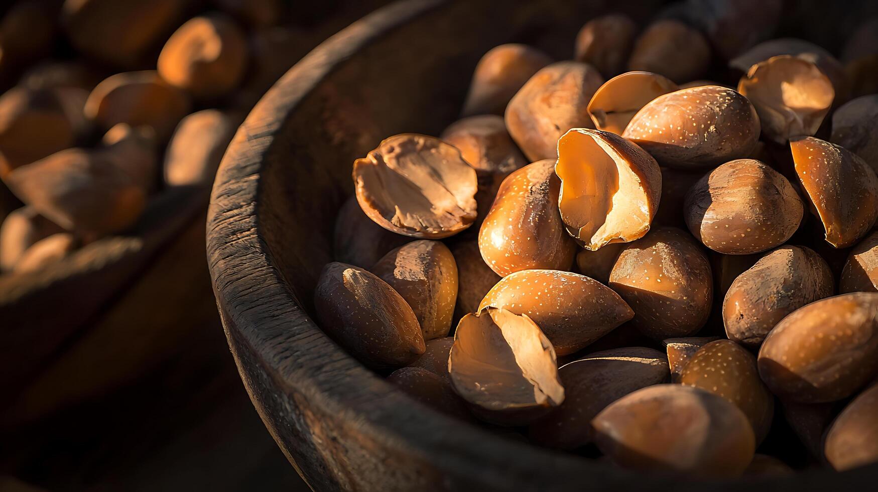 Close Up of Argan Nuts in a Wooden Bowl, Warm Golden Light. photo