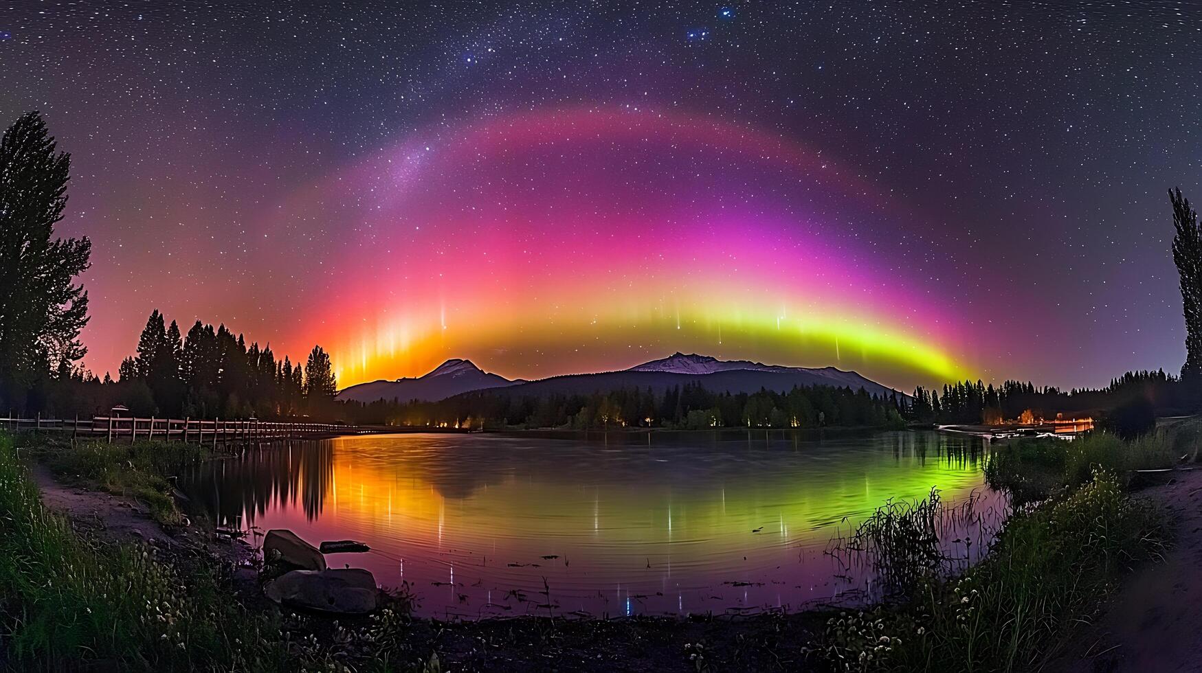 Majestic Aurora Borealis over Serene Mountain Lake at Night. photo