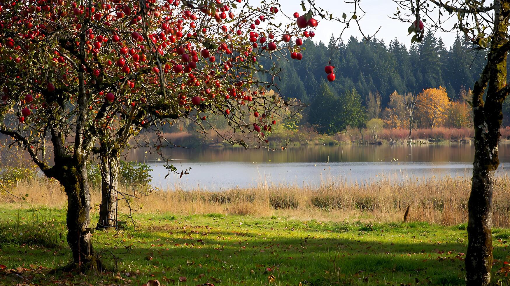 Autumnal Apple Orchard Overlooking a Calm Lake. A picturesque scene of ripe red apples hanging from branches, with a tranquil lake and autumn foliage in the background. photo