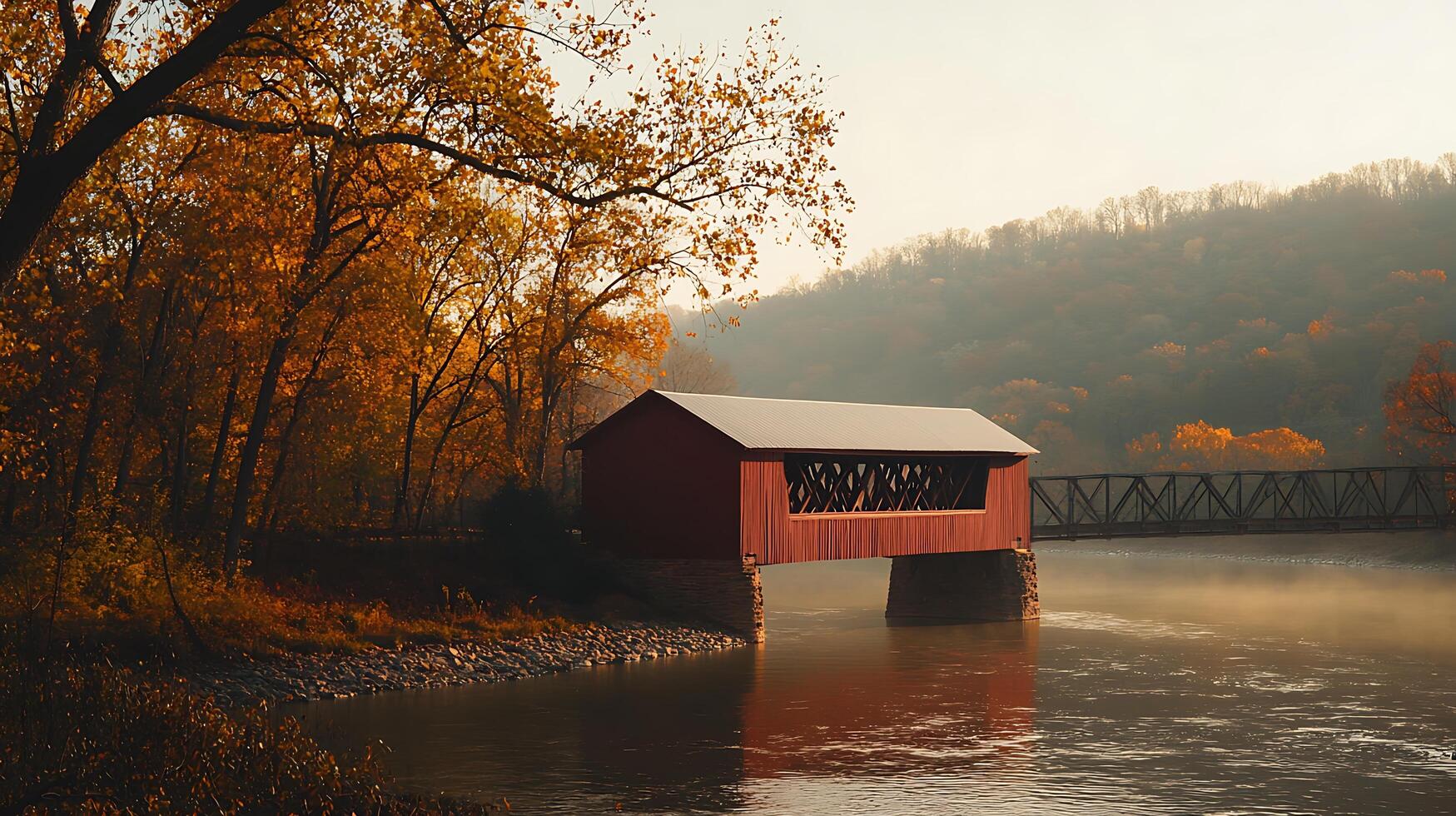 Autumnal Serenity A Red Covered Bridge Reflecting in a Misty River. photo