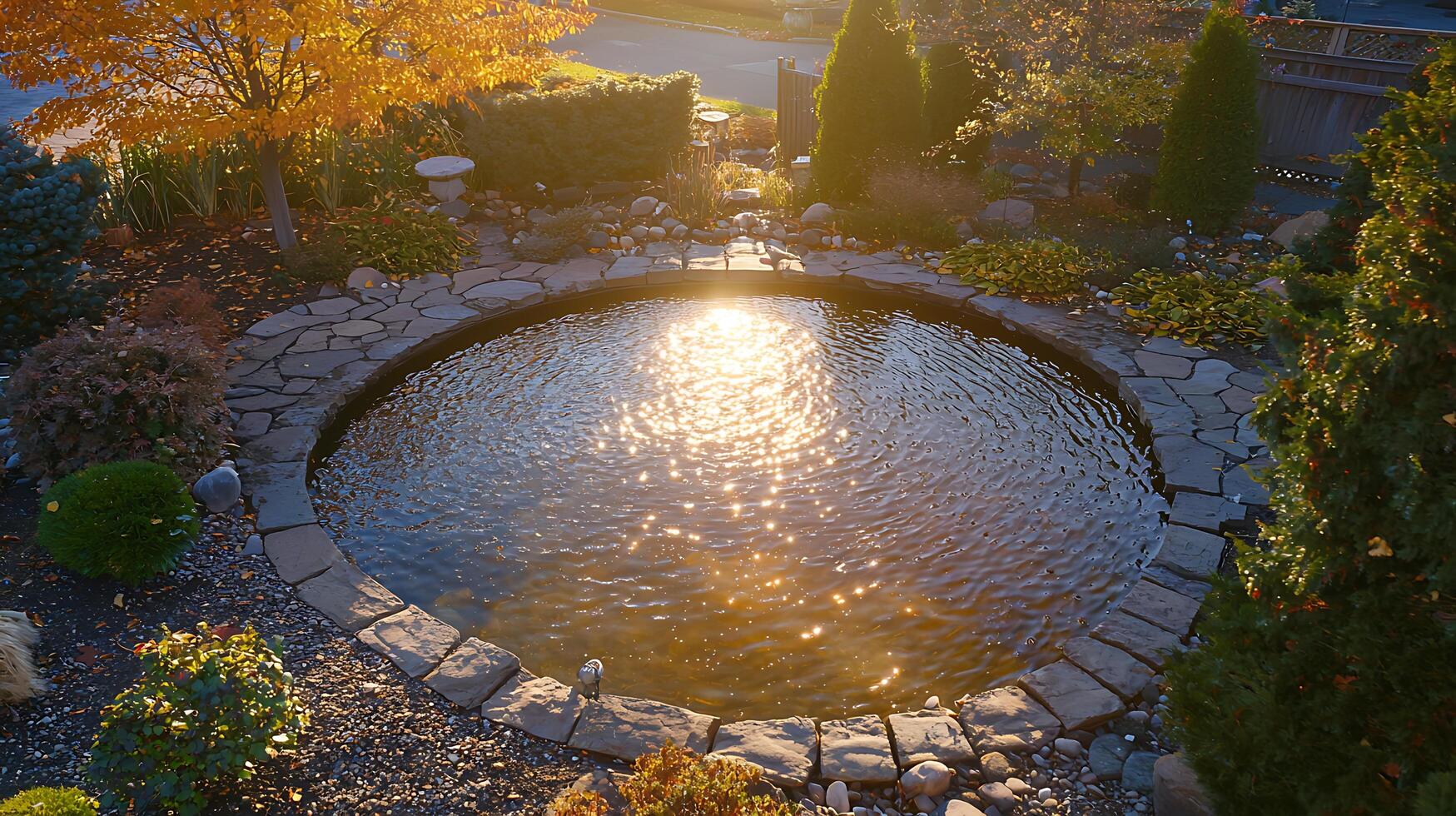 Serene Autumn Garden Pond at Sunset. Sunlight glistens on the water's surface. photo