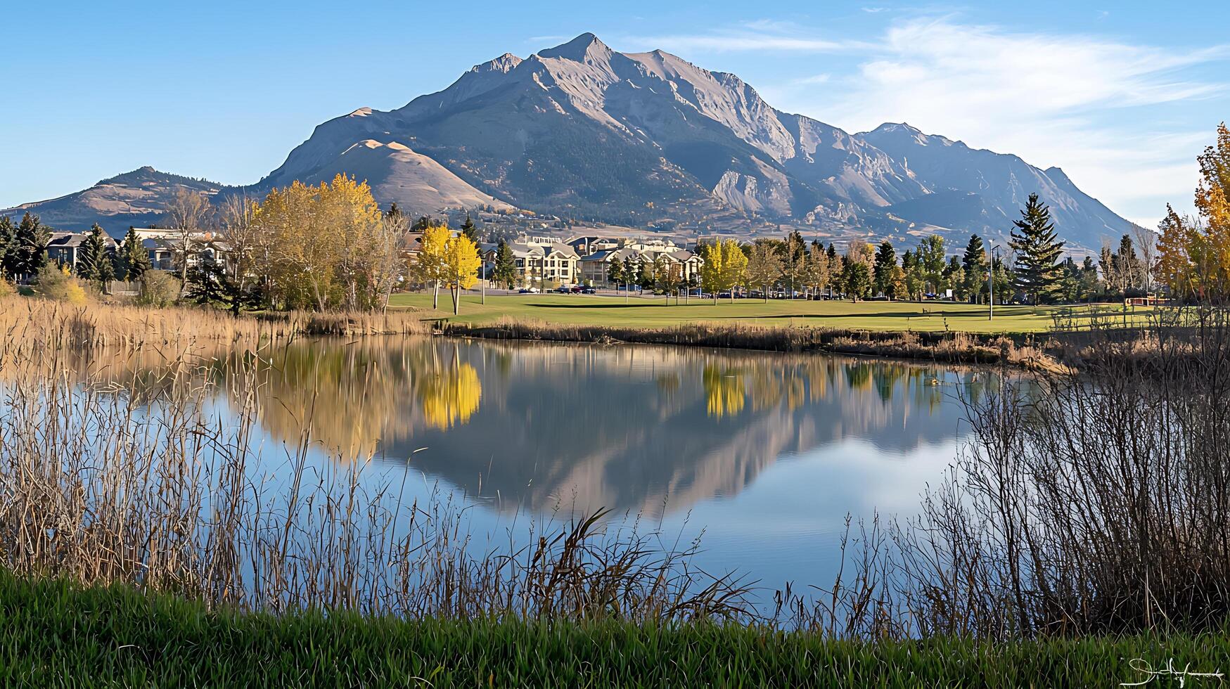 Serene Autumn Reflection Mountain Lake and Golf Course. A picturesque autumn scene featuring a tranquil lake reflecting a majestic mountain range and a golf course. photo