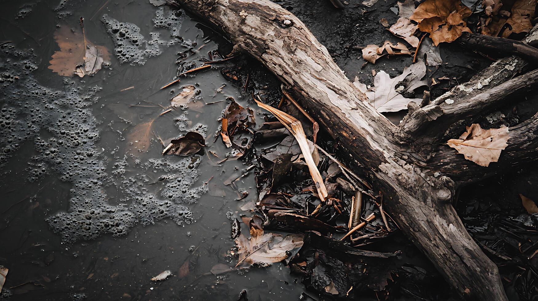 Autumnal Still Life Fallen Leaves and Decaying Wood in a Puddle. photo