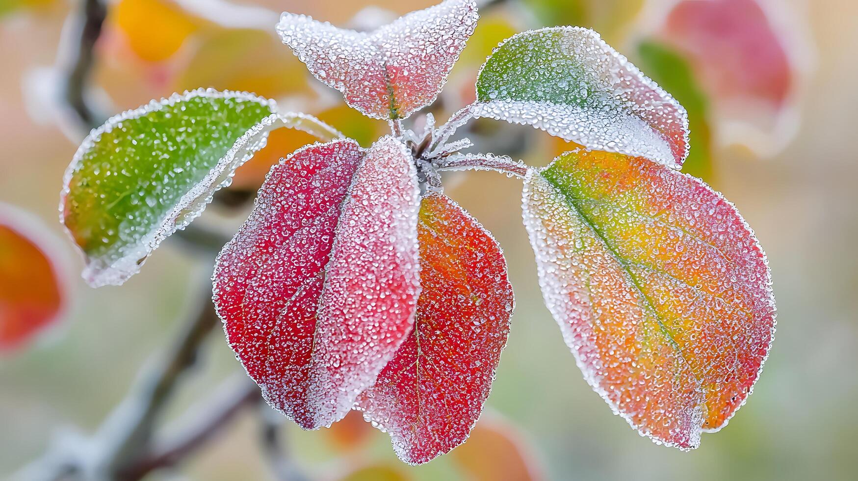 Close Up of Frost Covered Autumn Leaves, Vibrant Colors and Delicate Ice Crystals. photo