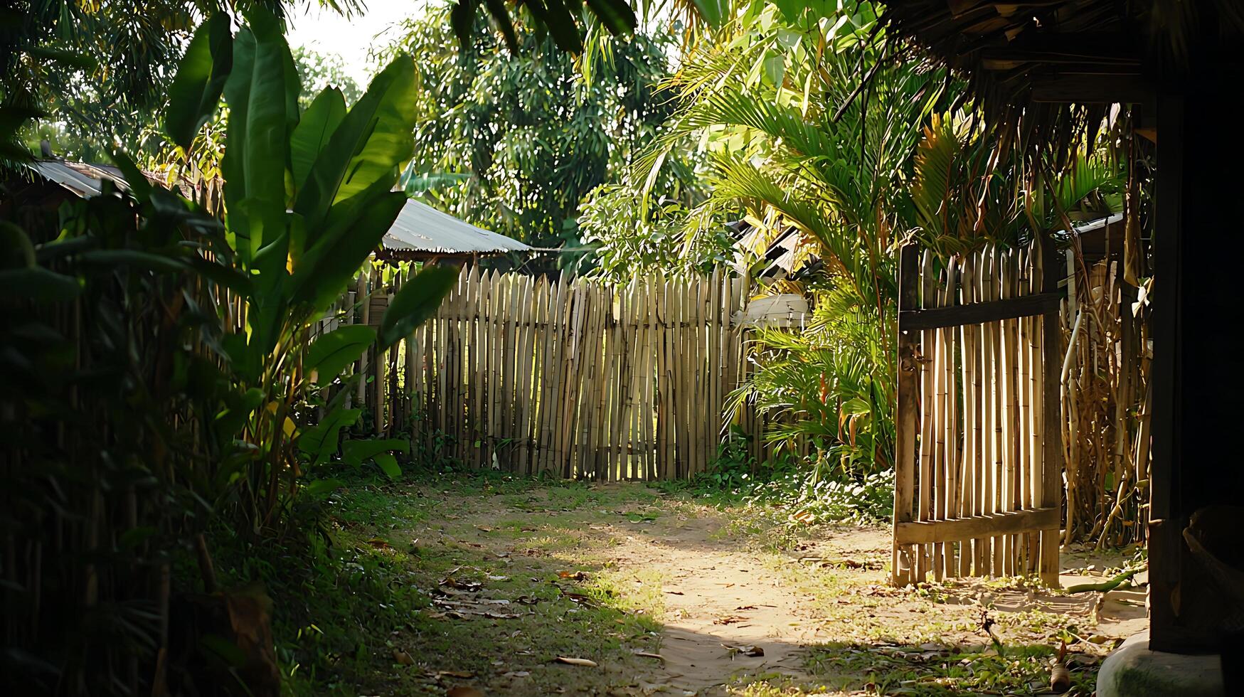 Sunlit Path Through a Tropical Bamboo Fence and Lush Greenery. photo
