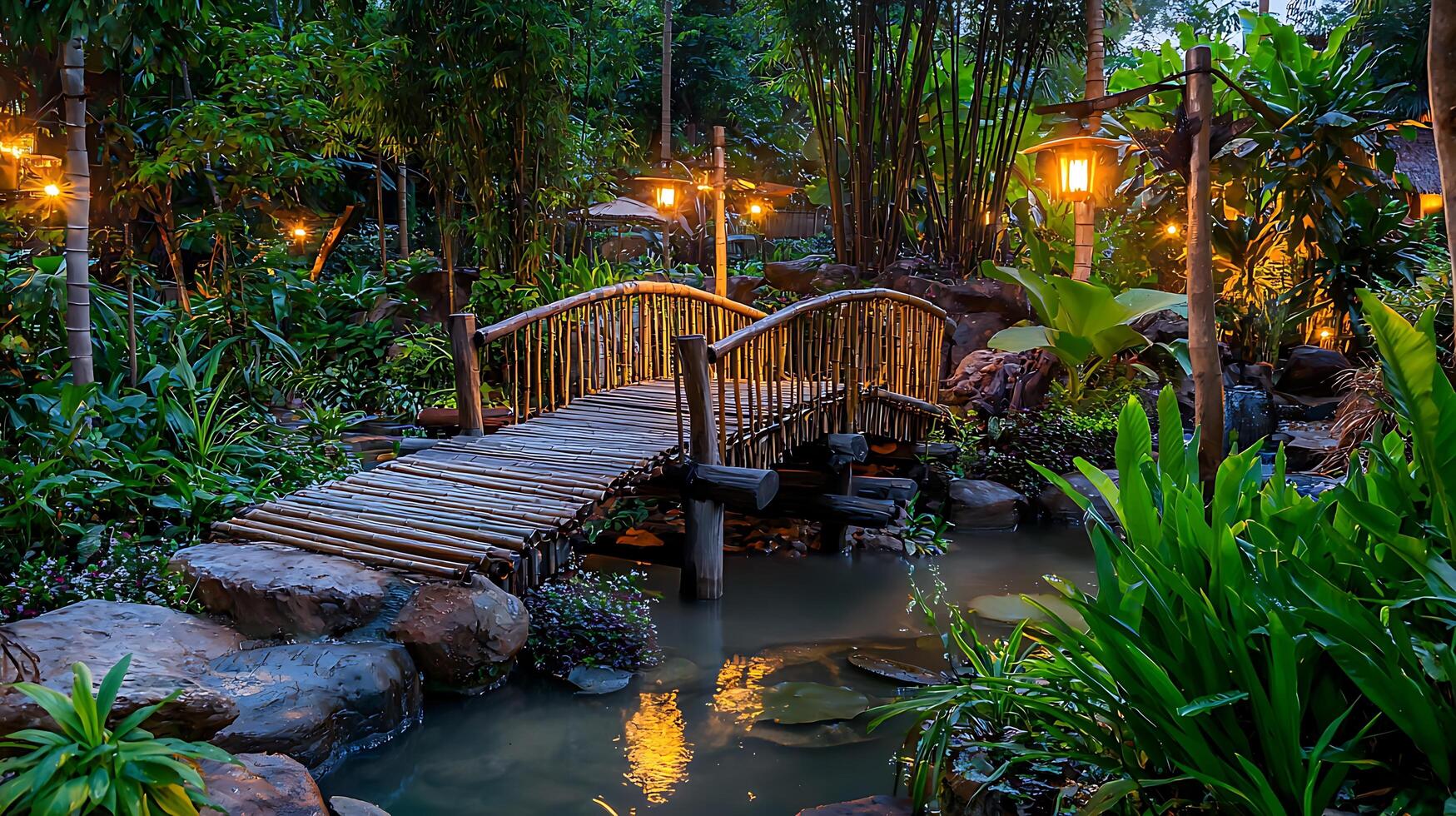 Serene Bamboo Bridge at Dusk in a Tropical Garden. A tranquil scene of a wooden bridge over a pond, illuminated by warm lamplight. photo