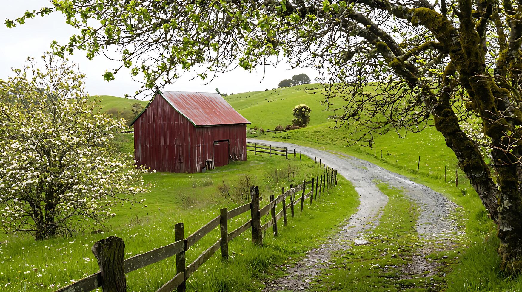 Rustic Red Barn on a Spring Country Lane. A picturesque rural scene showcasing a weathered barn, blooming trees, and a winding gravel road. photo