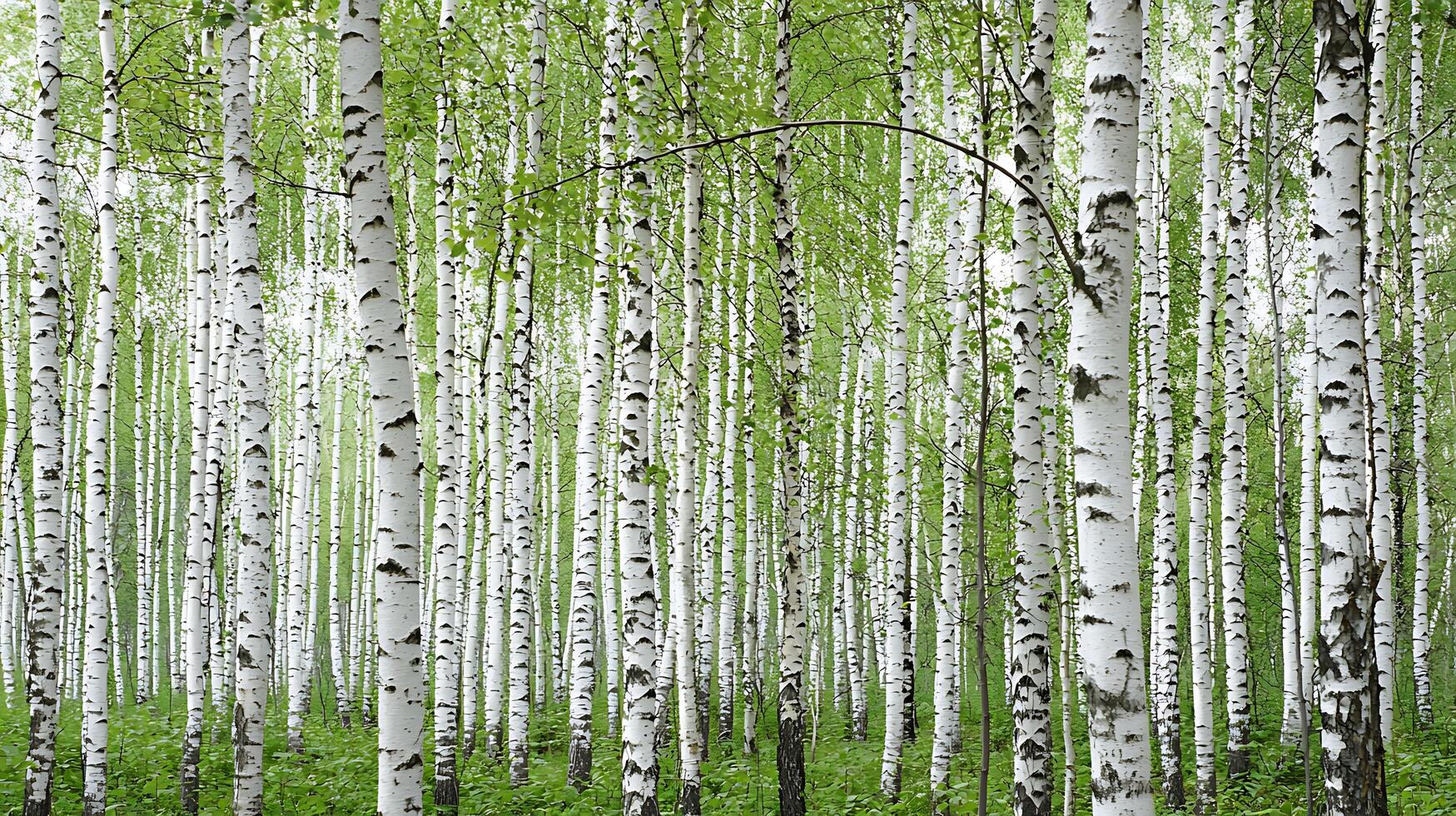 Serene Birch Forest A Tranquil Landscape of White Trunks and Lush Greenery. photo