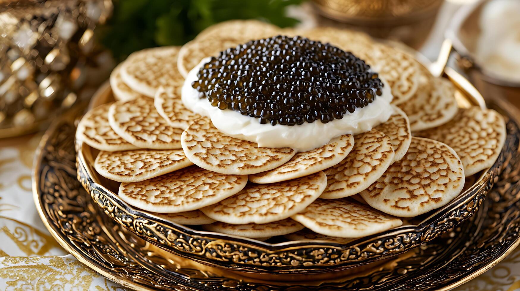 Gourmet Blini with Black Caviar and Creme Fraiche. A luxurious culinary experience. photo