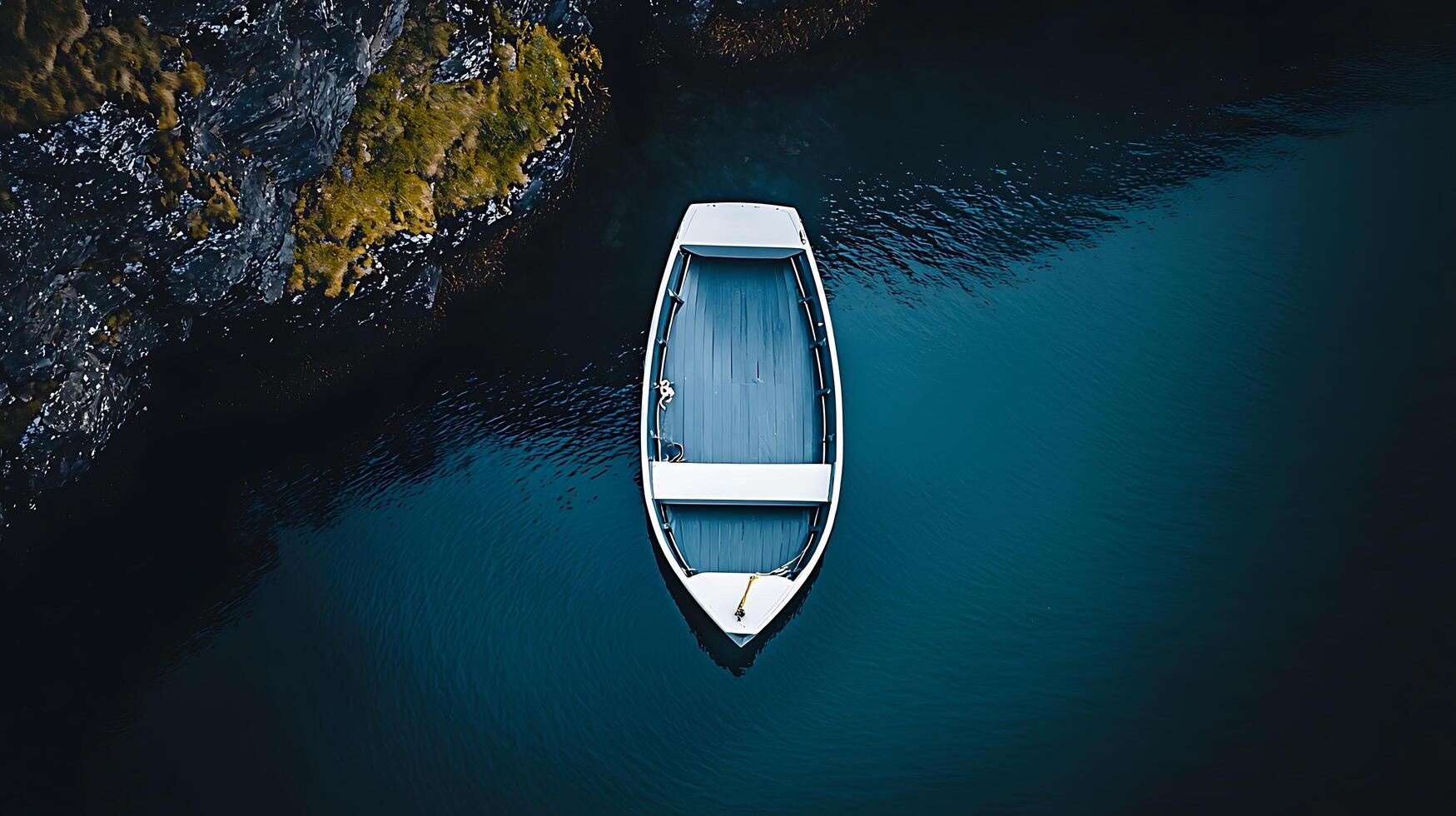 Aerial View of a Small Rowboat Moored by a Rocky Shore. photo