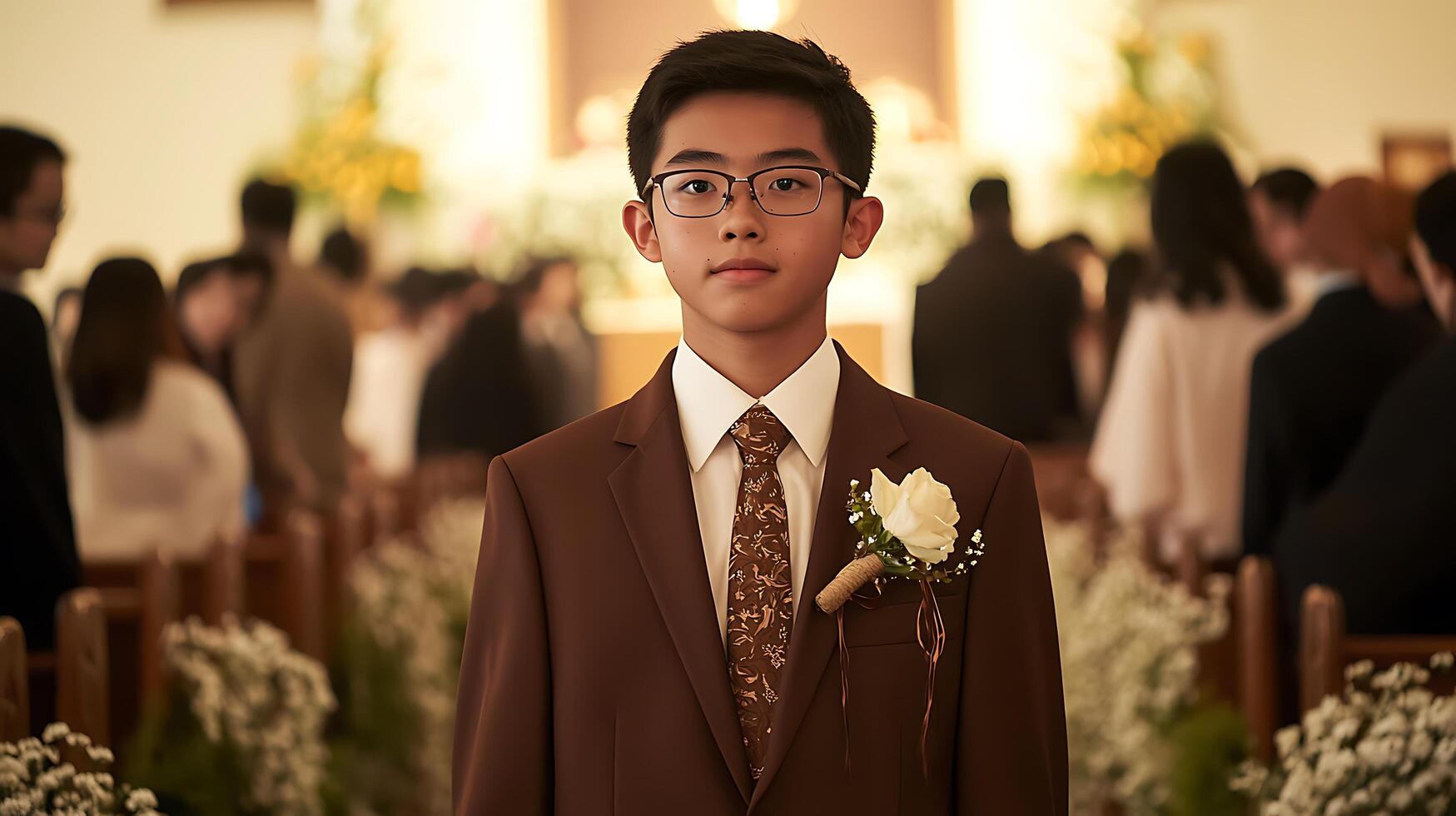 Portrait of a Young Man in a Brown Suit at a Ceremony. He is wearing glasses and a boutonniere. photo