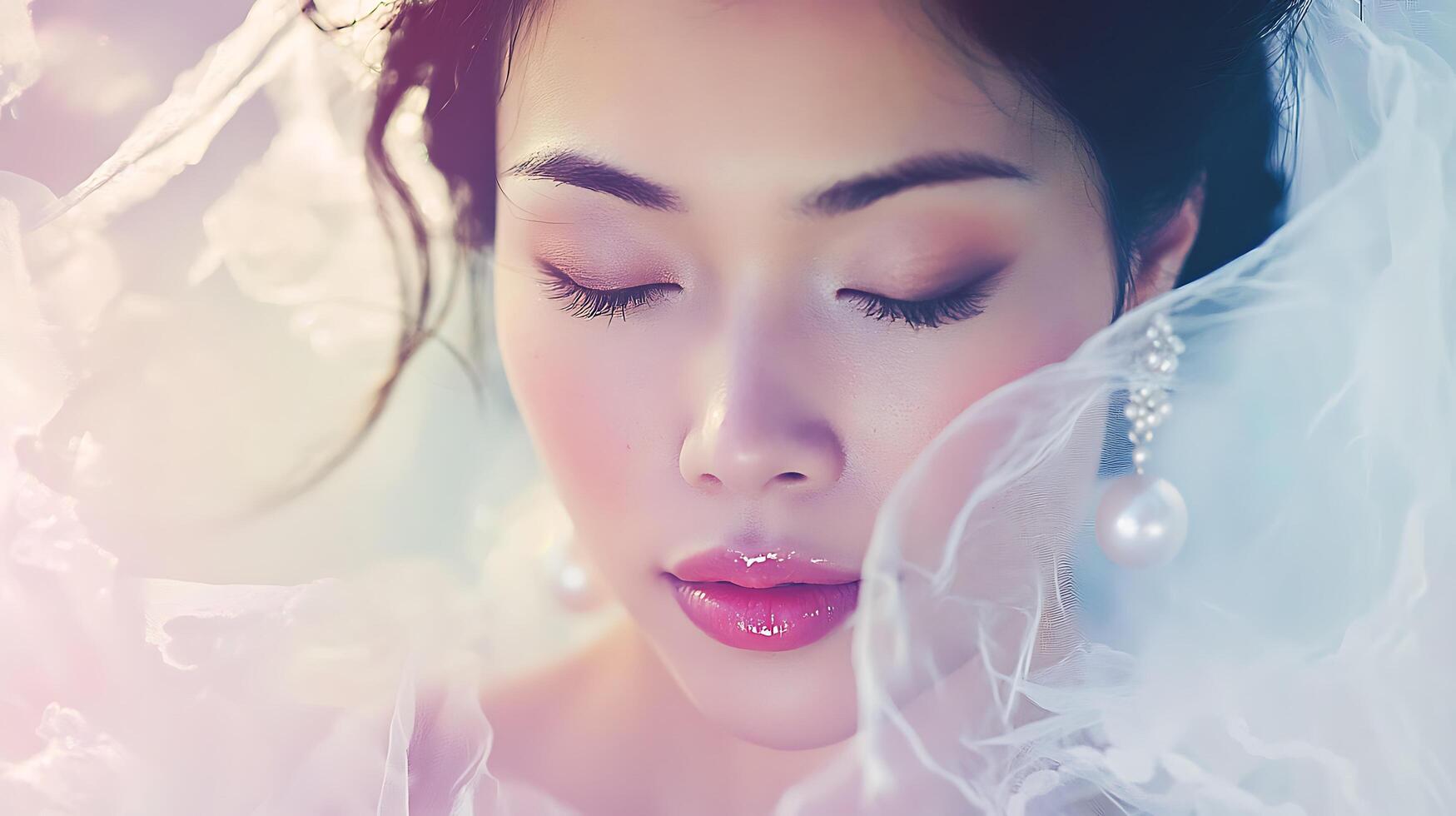 Close up portrait of a bride with eyes closed, wearing a delicate veil. photo