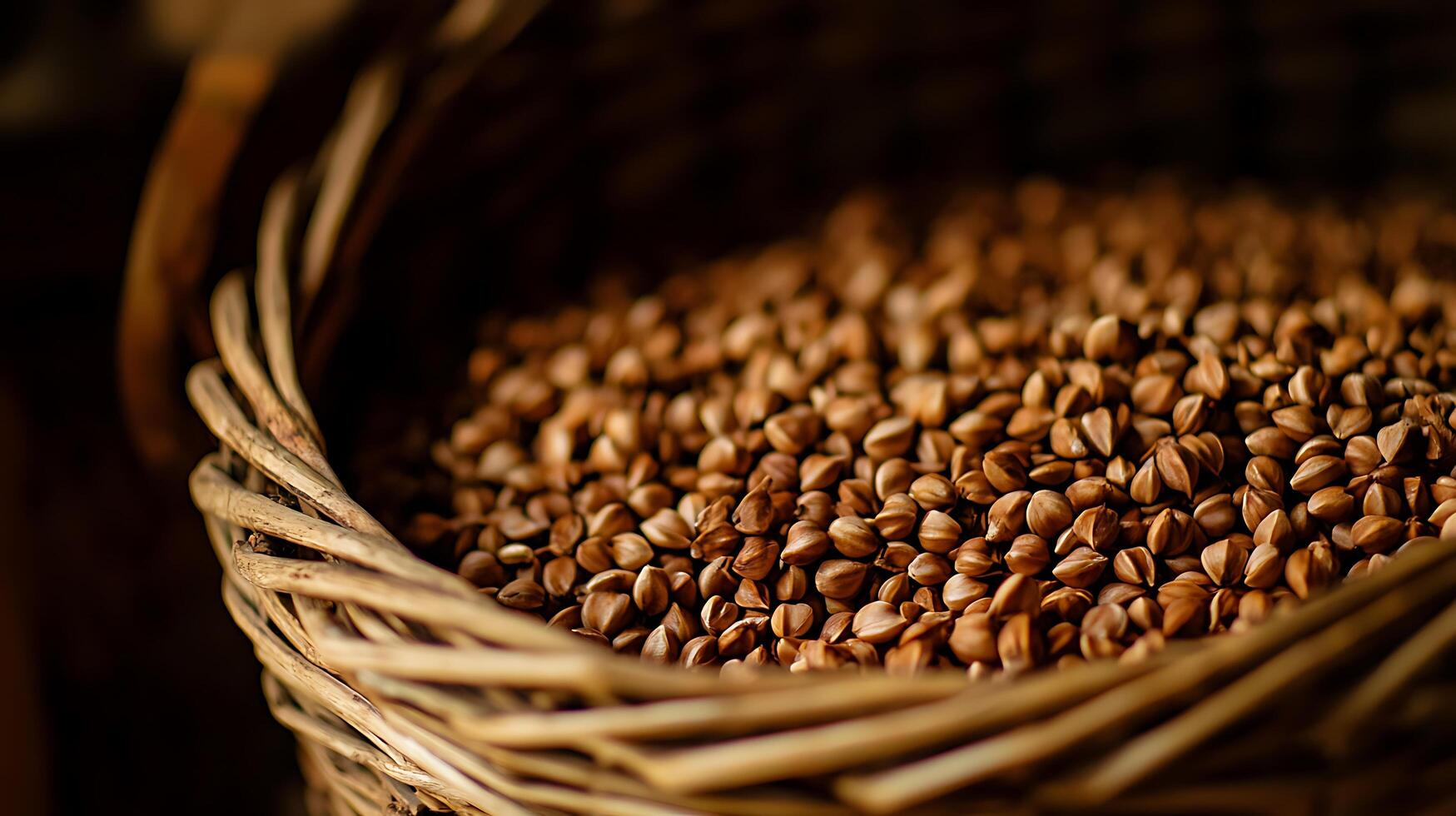 Close Up of Buckwheat Groats in a Rustic Wicker Basket. photo