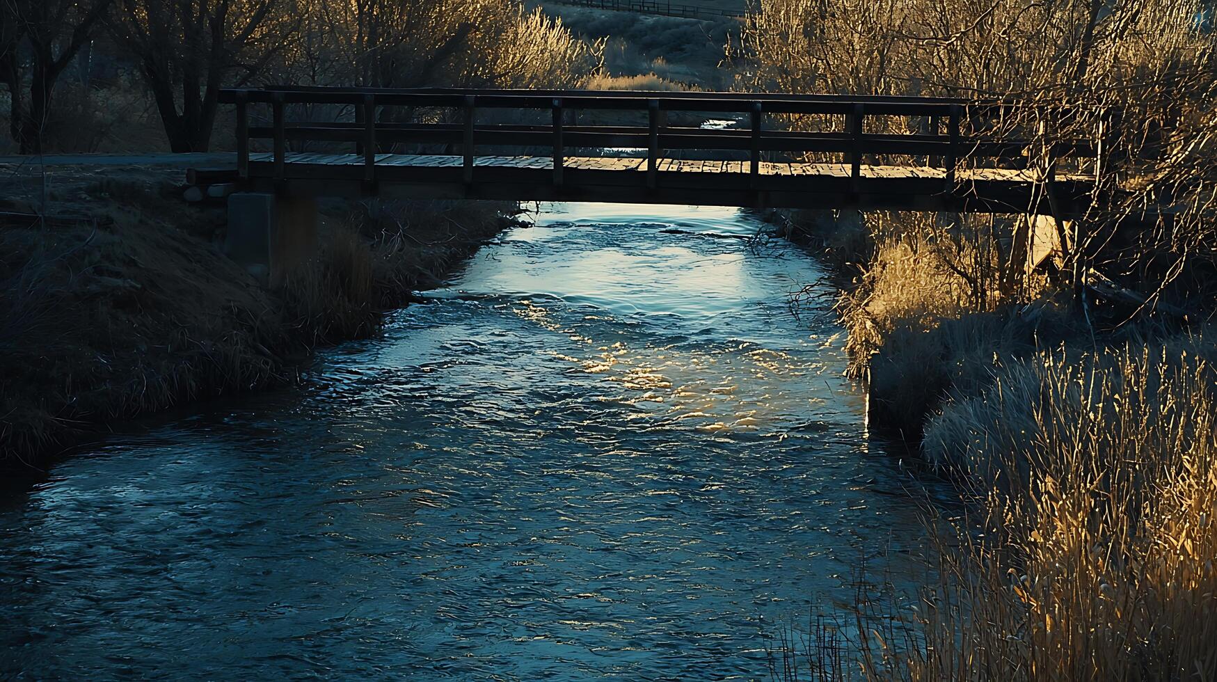 Wooden Footbridge Over a Gently Flowing Stream at Sunset. A tranquil scene of nature's beauty. photo