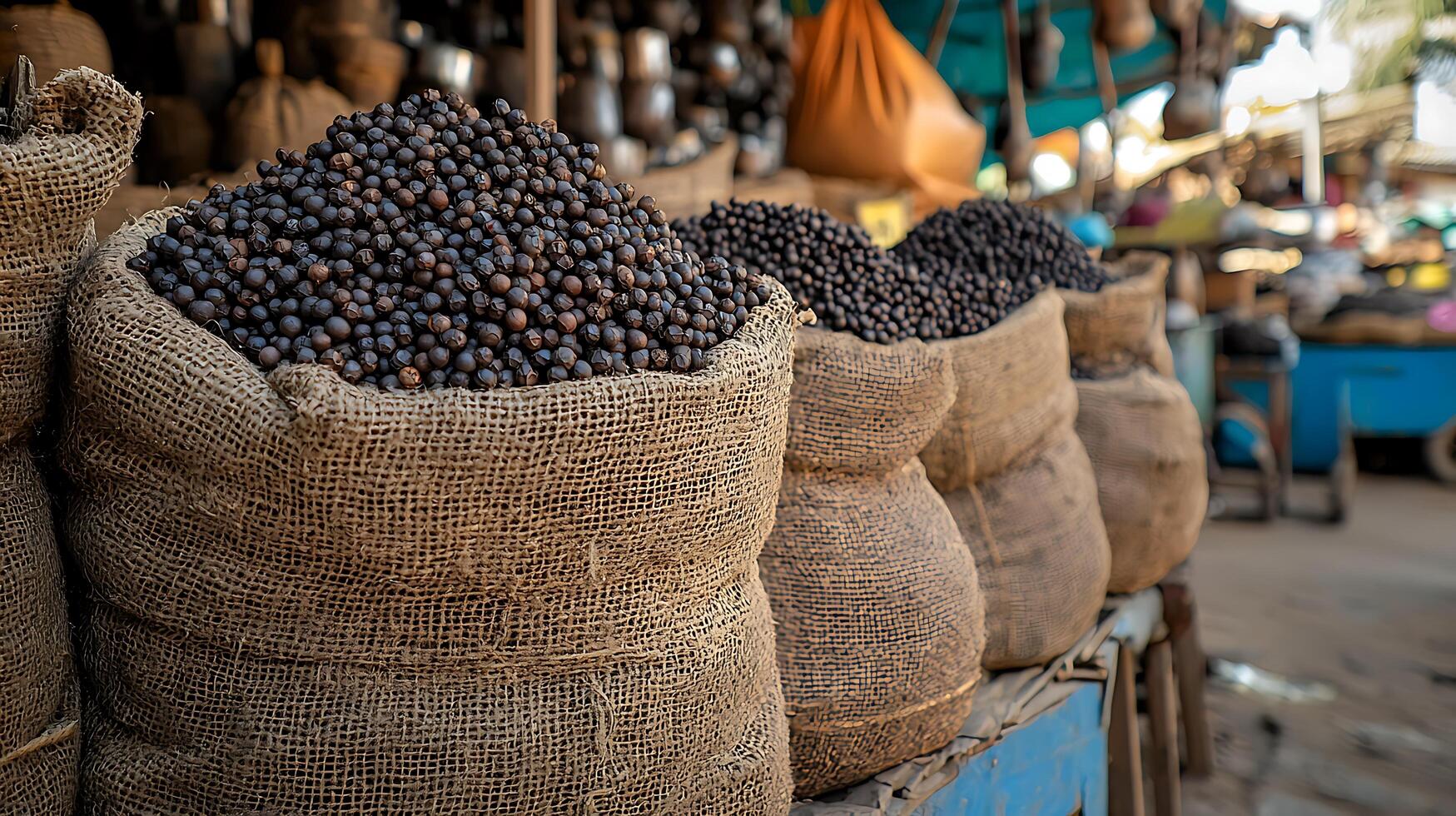 Burlap Sacks Overflowing with Dark Brown Peppercorns at an Outdoor Market. photo