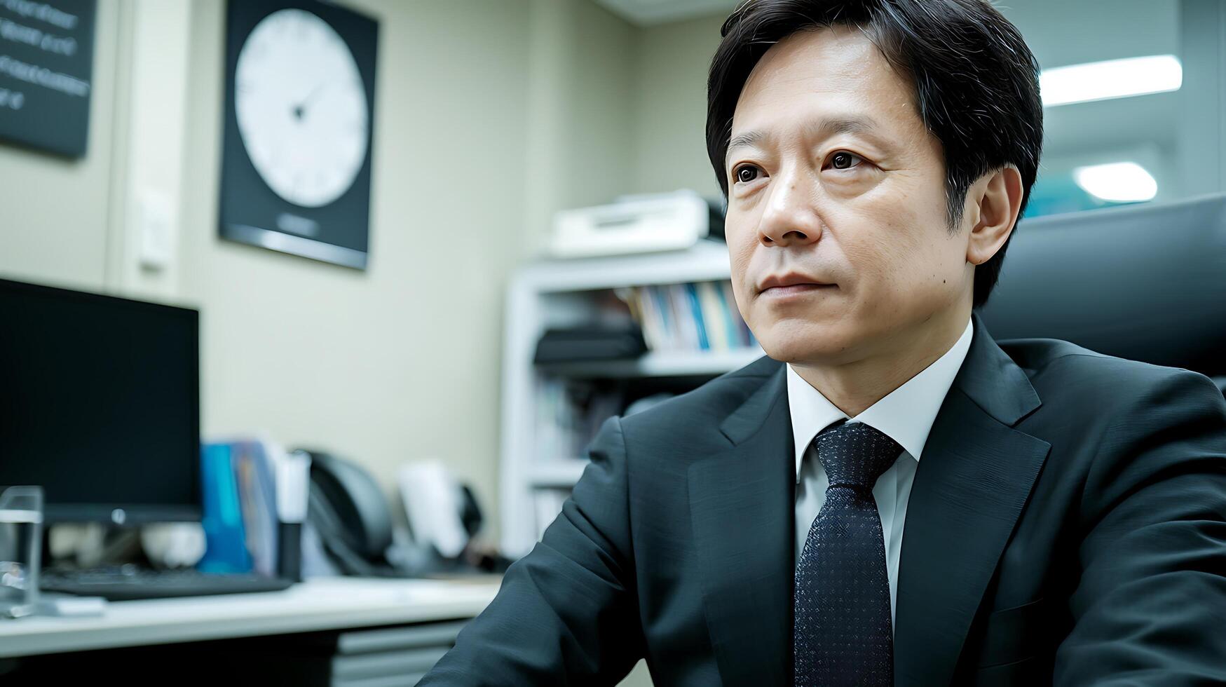 Portrait of a Thoughtful Asian Businessman in His Office. He appears contemplative and focused on his work. photo