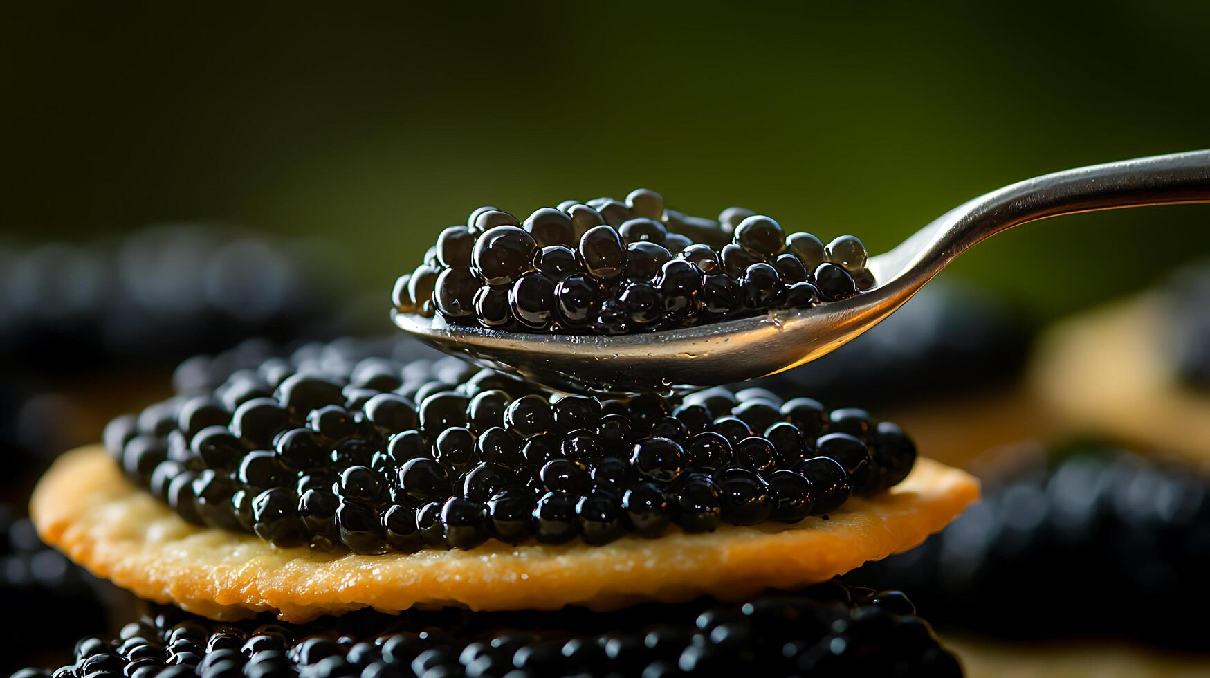 Close up of Black Caviar on a Cracker, Gourmet Delicacy. photo