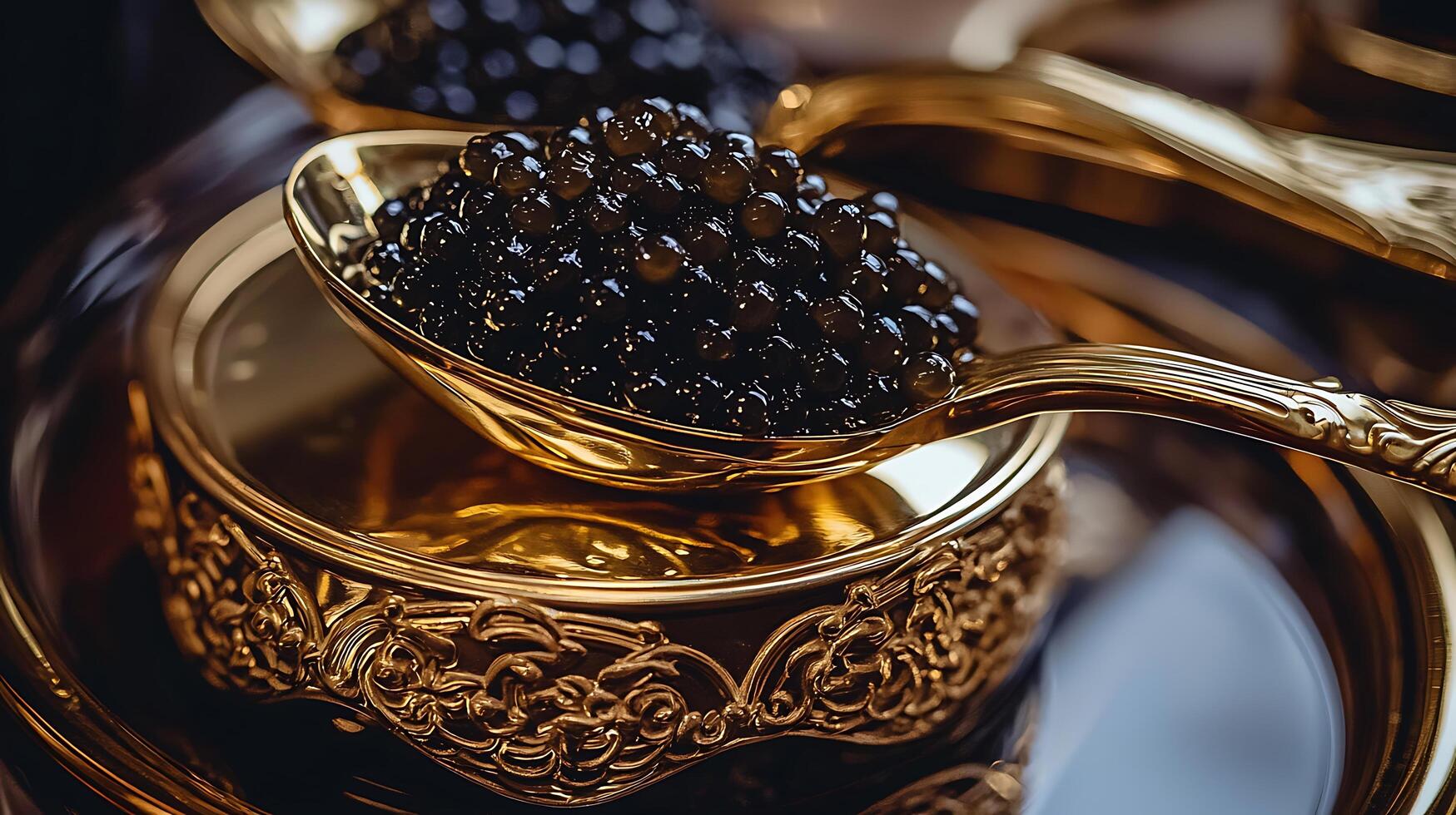 Luxurious Golden Spoons Filled with Black Caviar. photo