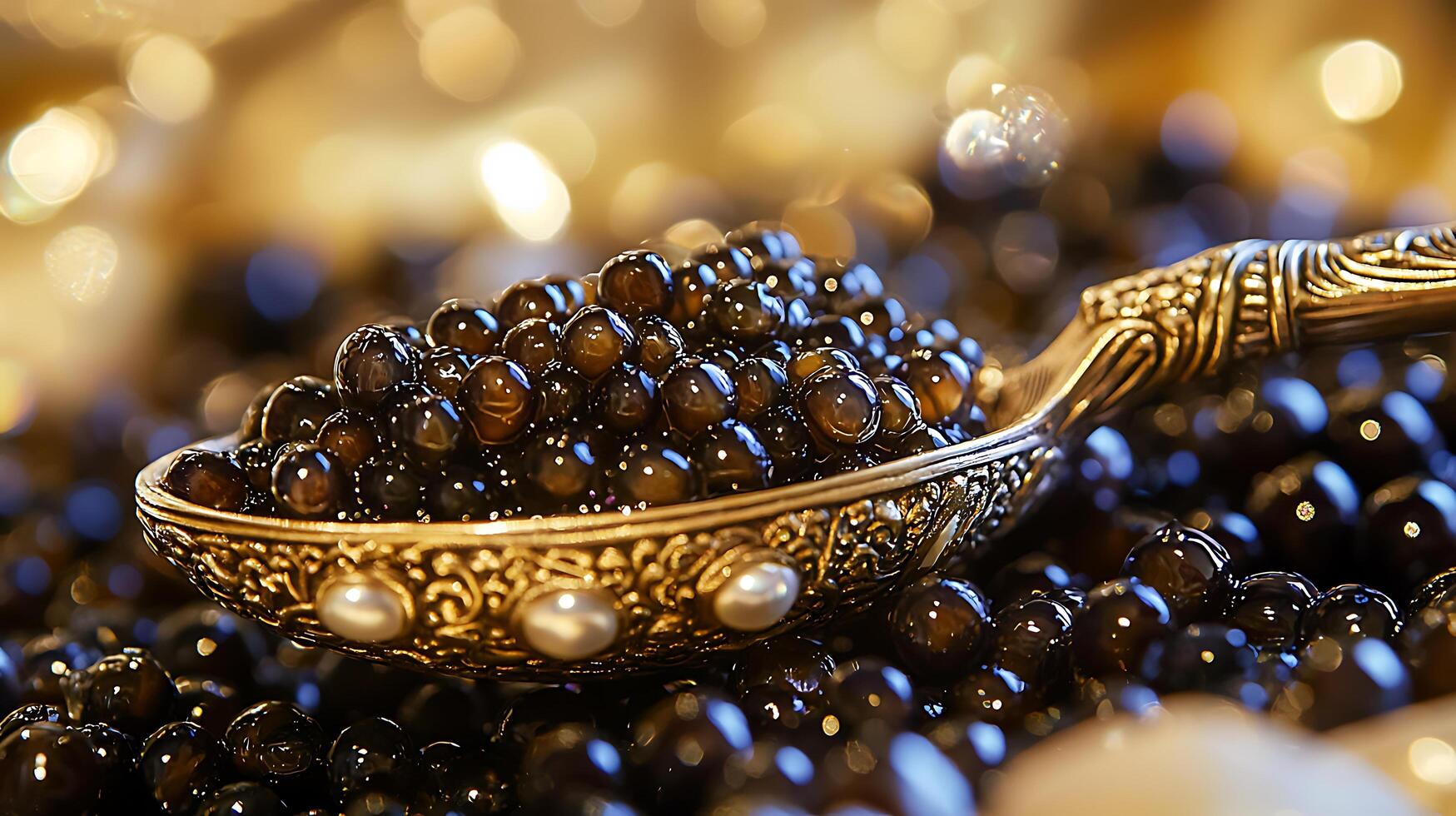 Close up of Black Caviar in an Ornate Gold Spoon. A luxurious image perfect for culinary, gourmet, or fine dining contexts. photo