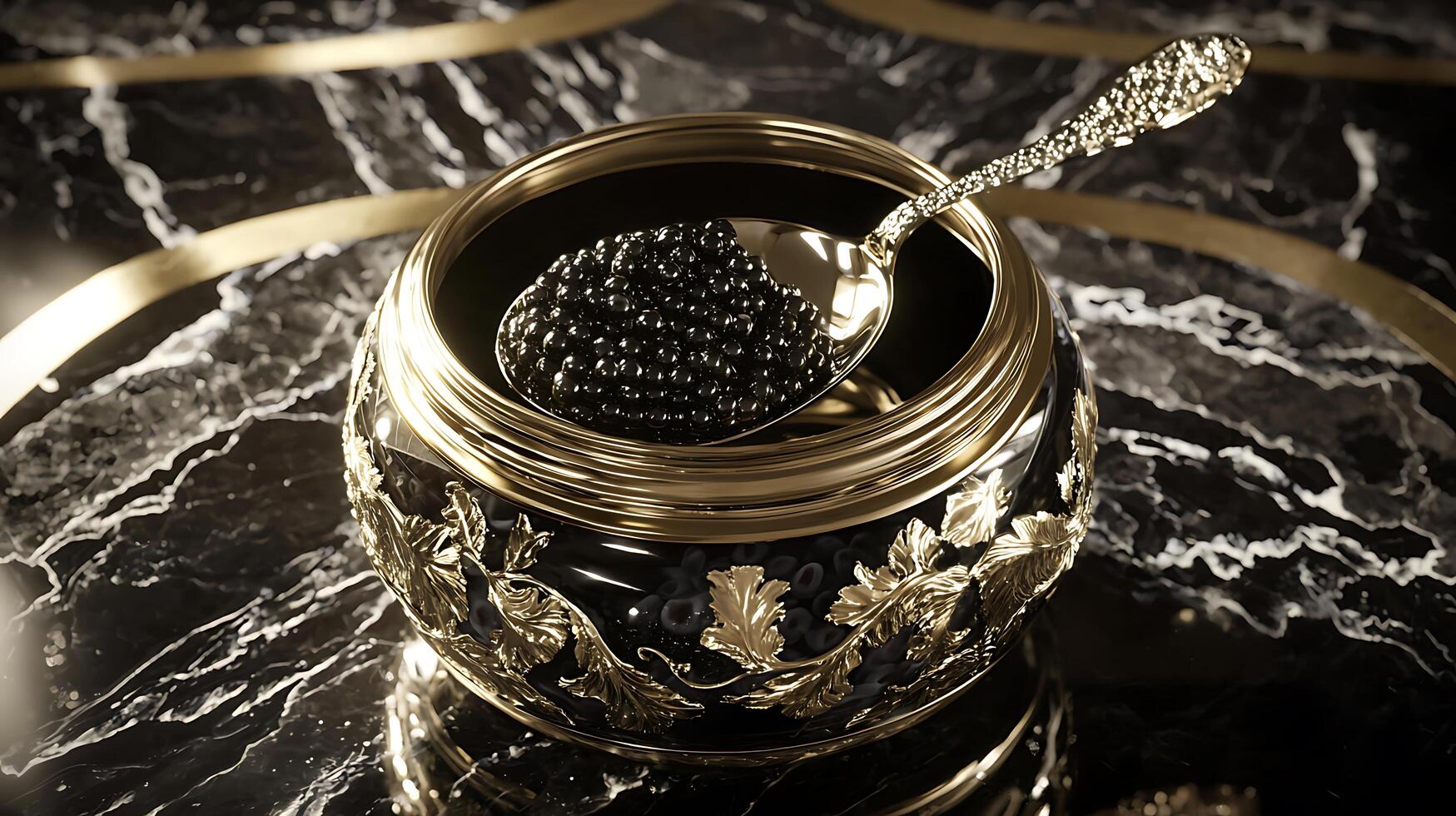 Luxurious Black Caviar in an Ornate Gold Container. A close up image showcasing gourmet food. photo