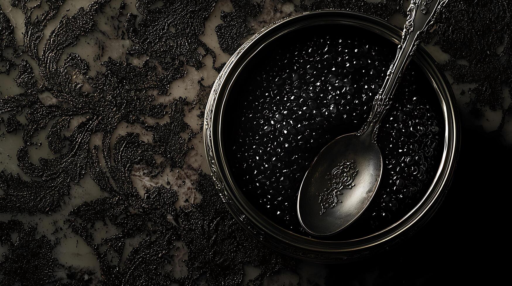 Luxurious Black Caviar in an Antique Silver Bowl. A close up image showcasing the rich texture and detail of gourmet black caviar. photo