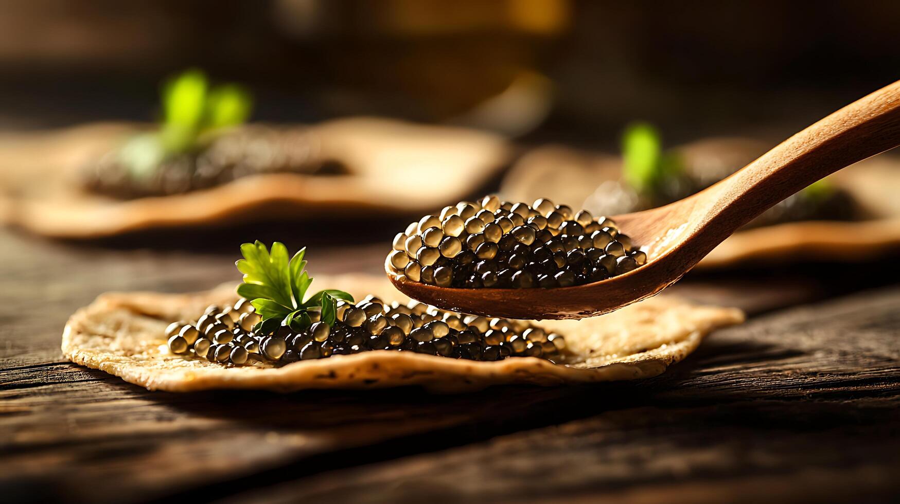 Close up of black caviar on wooden spoon and crackers. Luxurious delicacy on rustic background. photo