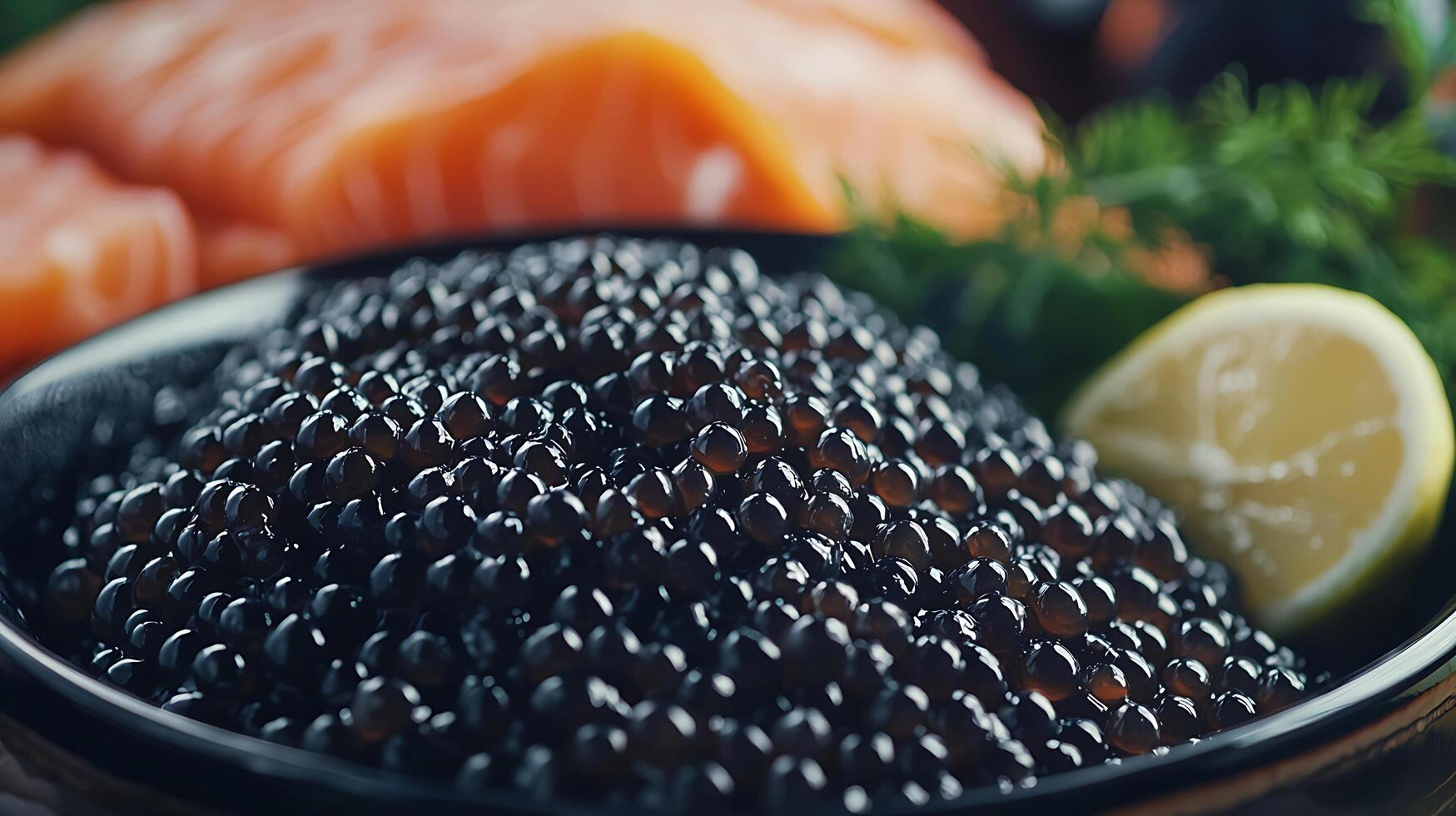 Close Up of Black Caviar with Blurred Salmon and Lemon in the Background. photo
