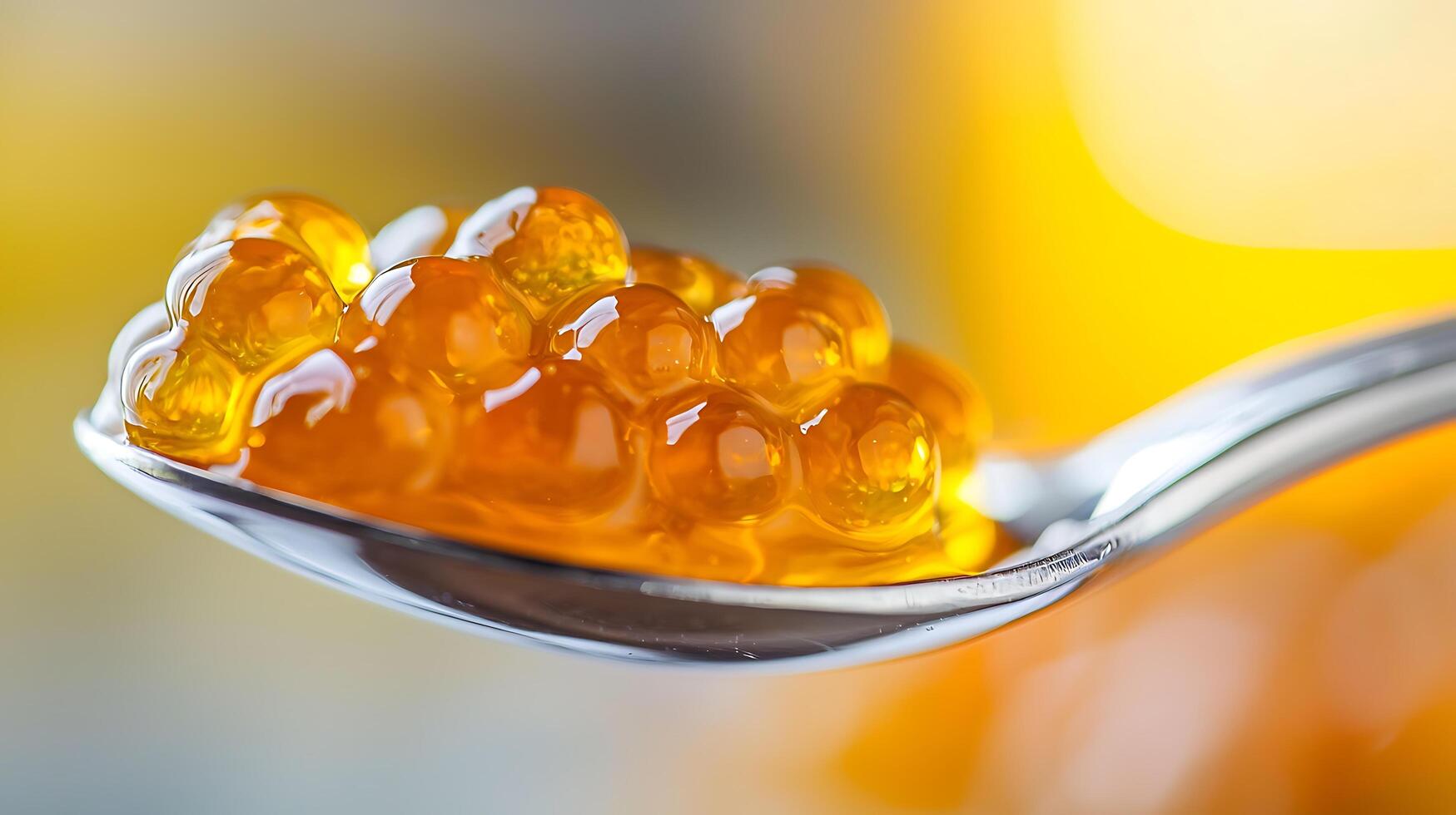 Close up of Golden Caviar on a Spoon, Luxurious Food Photography. photo