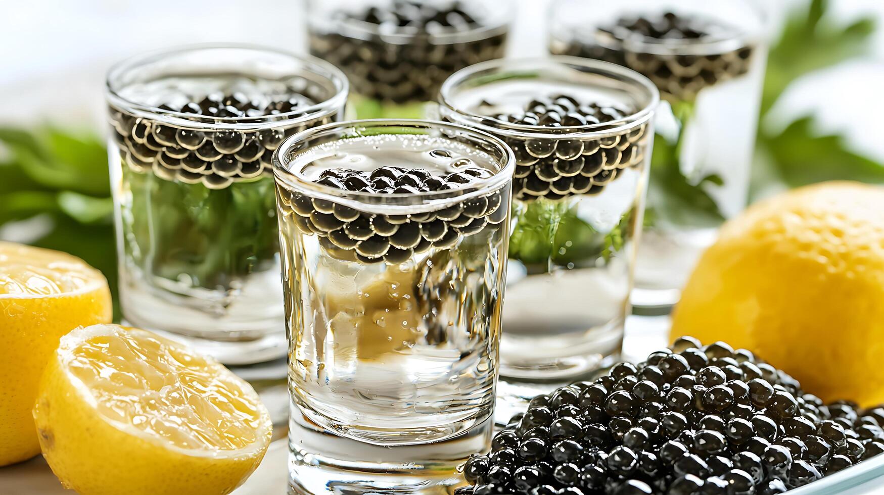 Close up of Glasses of Caviar with Lemon Slices. A luxurious culinary image perfect for menus or food blogs. photo