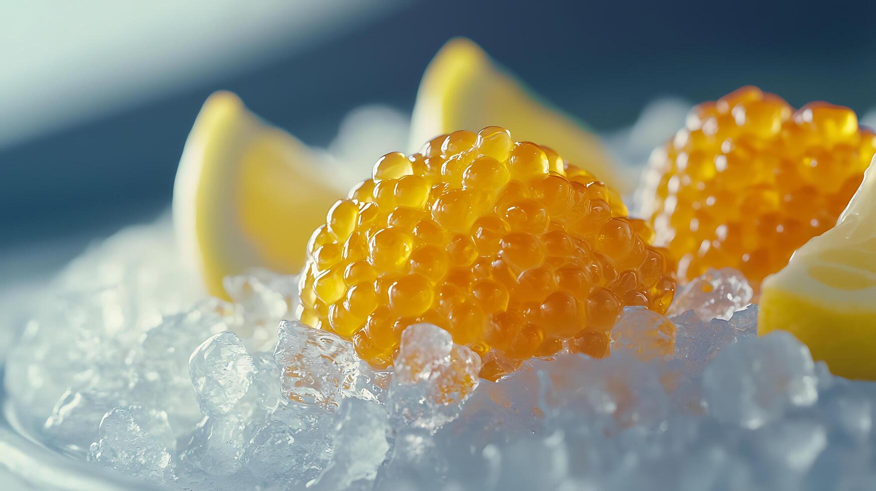 Close up of Golden Caviar on Ice with Lemon Slices. A luxurious food image perfect for culinary and gourmet publications. photo
