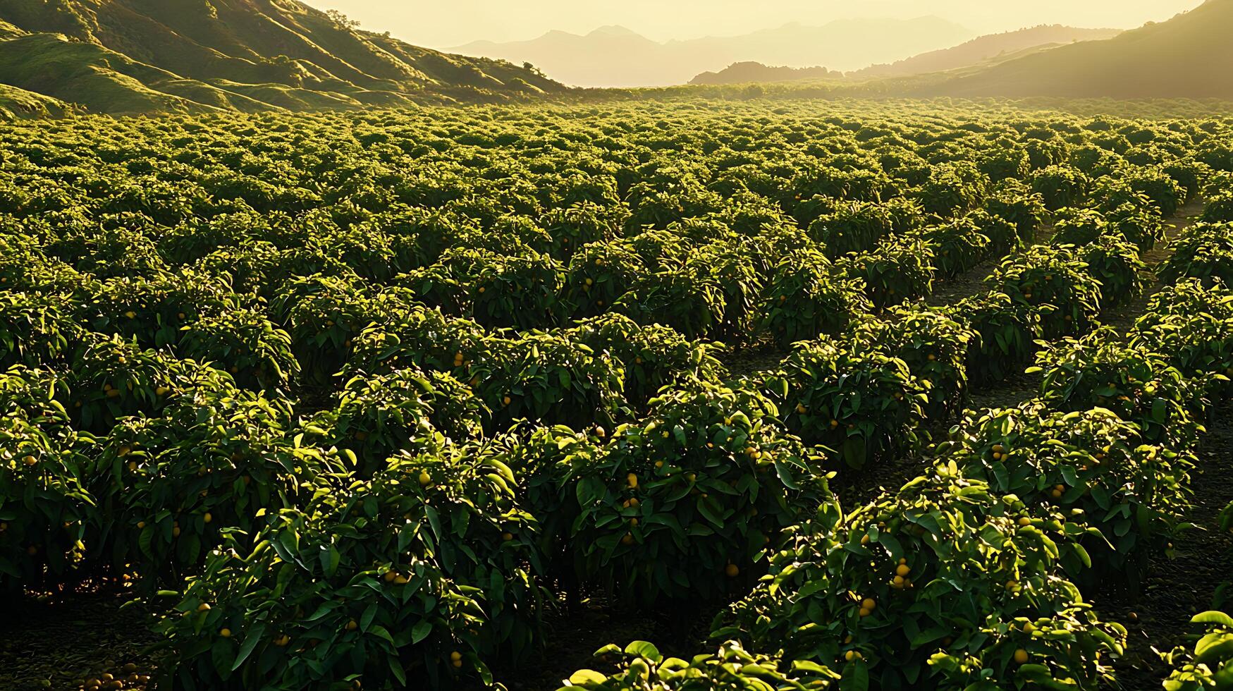 Lush Citrus Orchard at Sunset Rows of Fruit Trees in a Rolling Landscape. photo