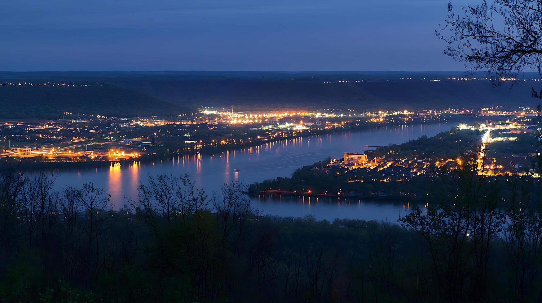 Night Lights on the River Panoramic View of Cityscape at Dusk. photo