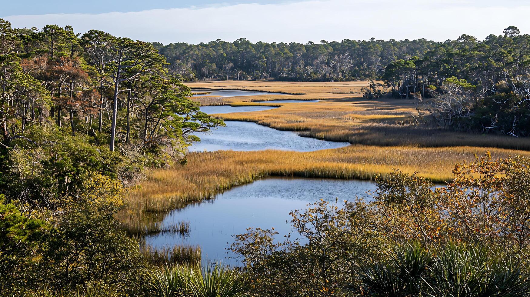 Serene Coastal Marsh Landscape with Winding Waterways and Lush Greenery. photo